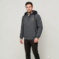 City Center men's grey weather-shield jacket with a detachable hood, woolen lining, and zippered pockets on a model.