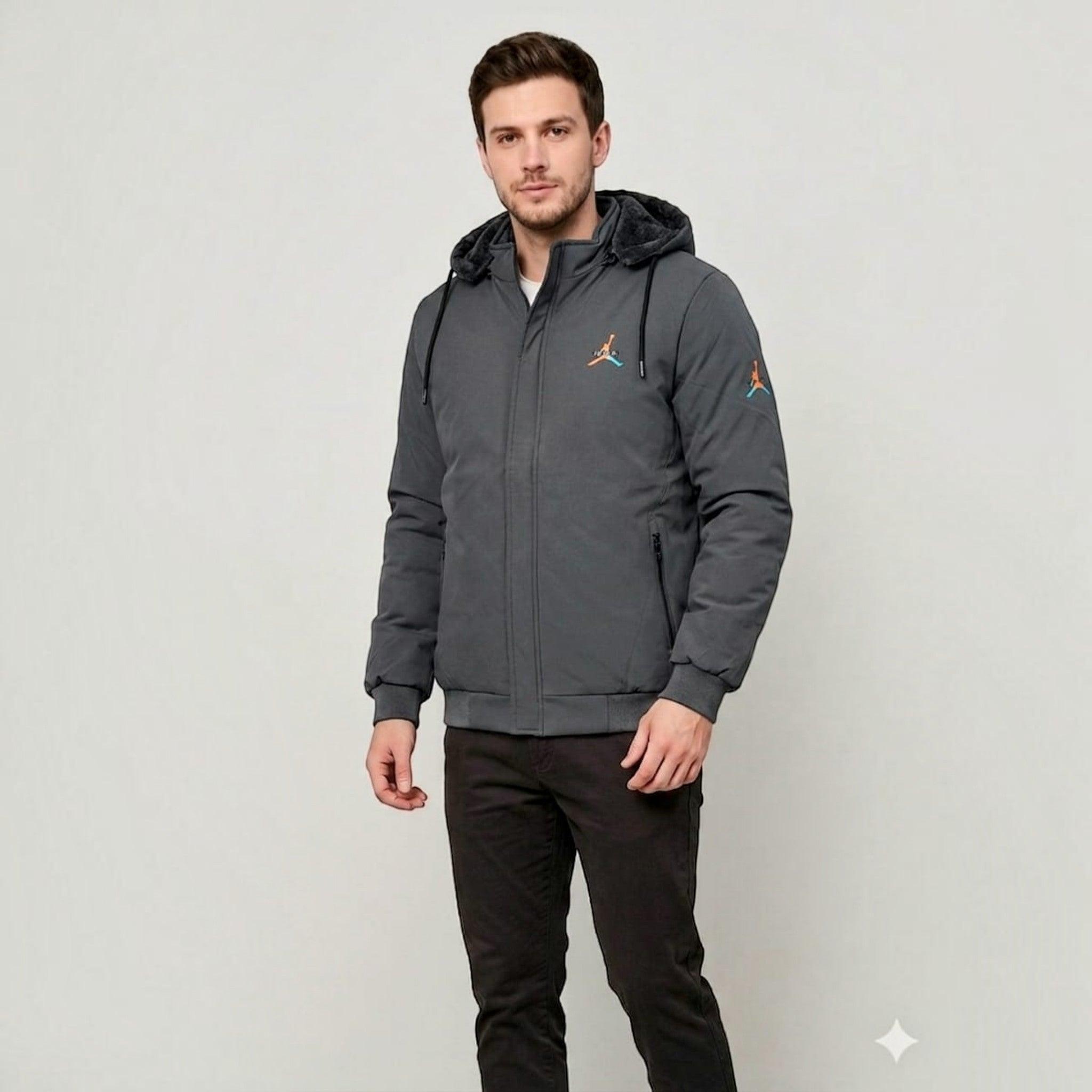 City Center men's grey weather-shield jacket with a detachable hood, woolen lining, and zippered pockets on a model.