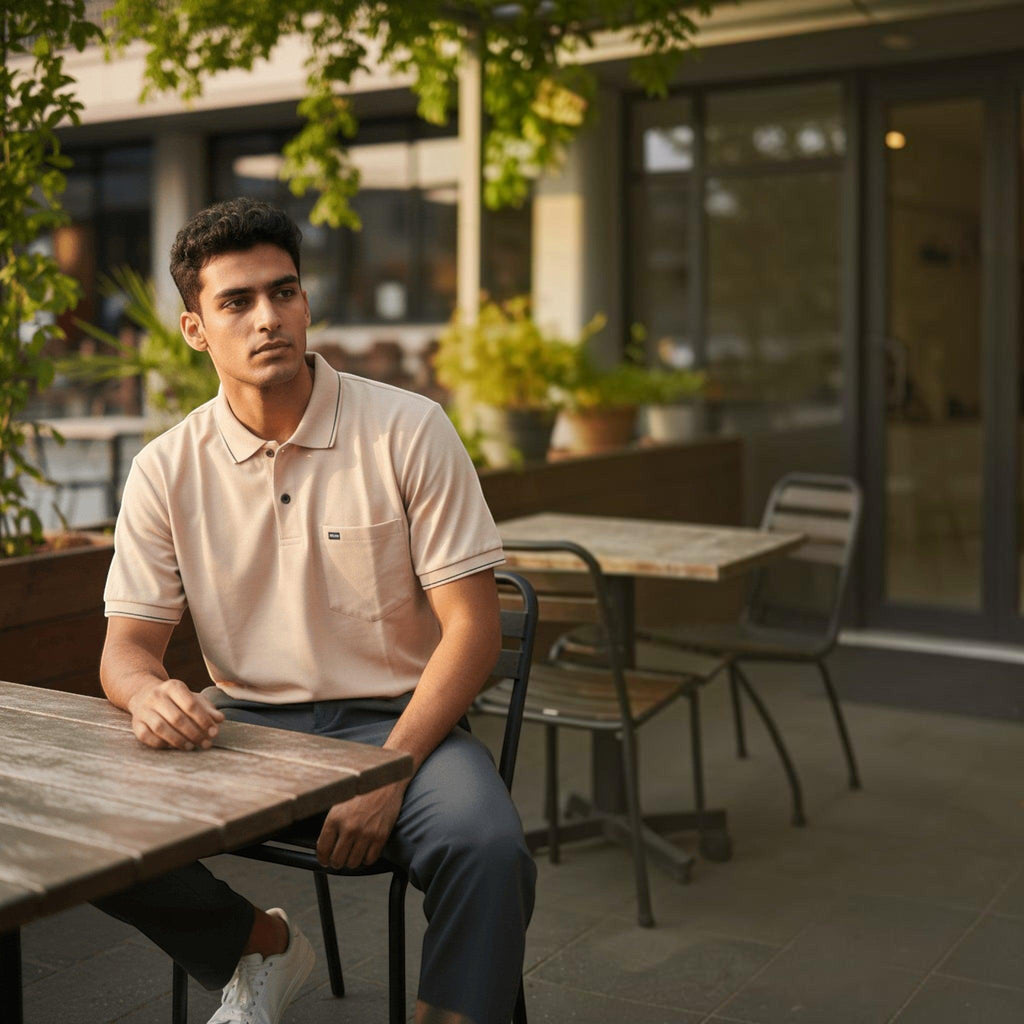 City Center men's pastel beige cotton polo shirt with a chest pocket and ribbed collar, worn by a man at an outdoor cafe