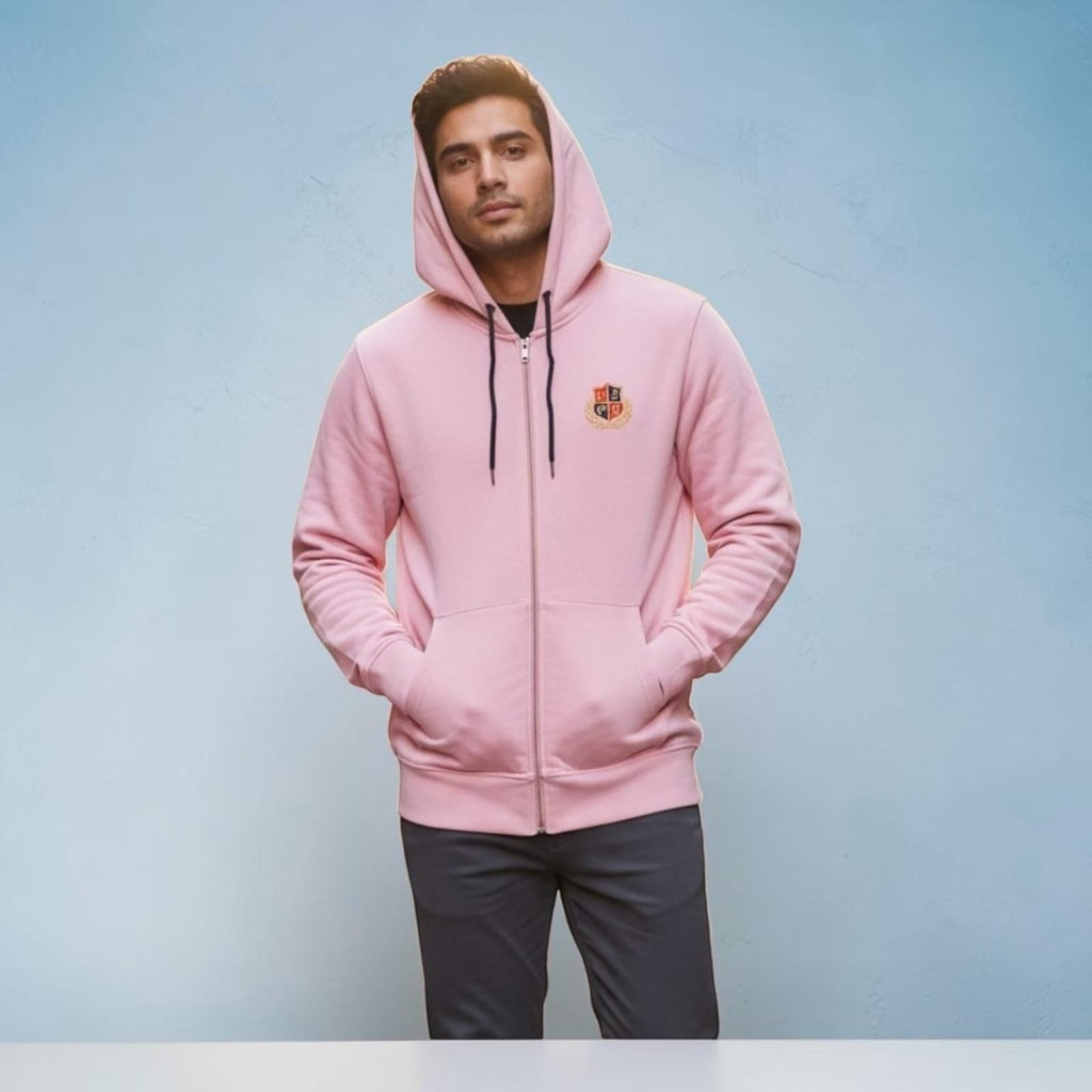 City Center M-LINE men's light pink full-zip hoodie with kangaroo pockets worn by a man against a blue background