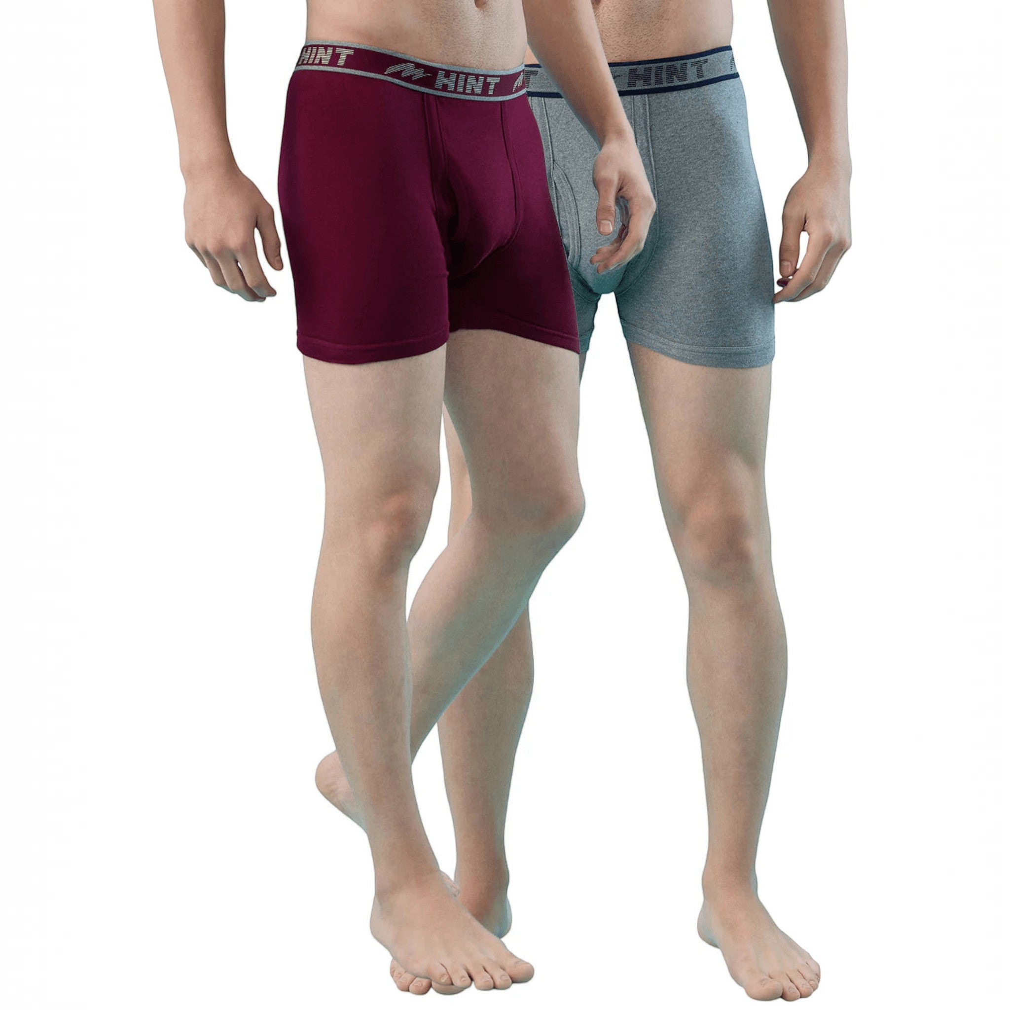 City Center men's stretch long trunks in maroon and grey cotton with elasticated waistbands and front opening