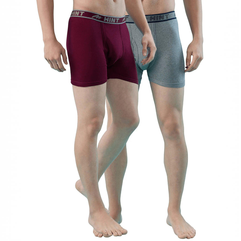 City Center men's stretch long trunks in maroon and grey cotton with elasticated branded waistbands
