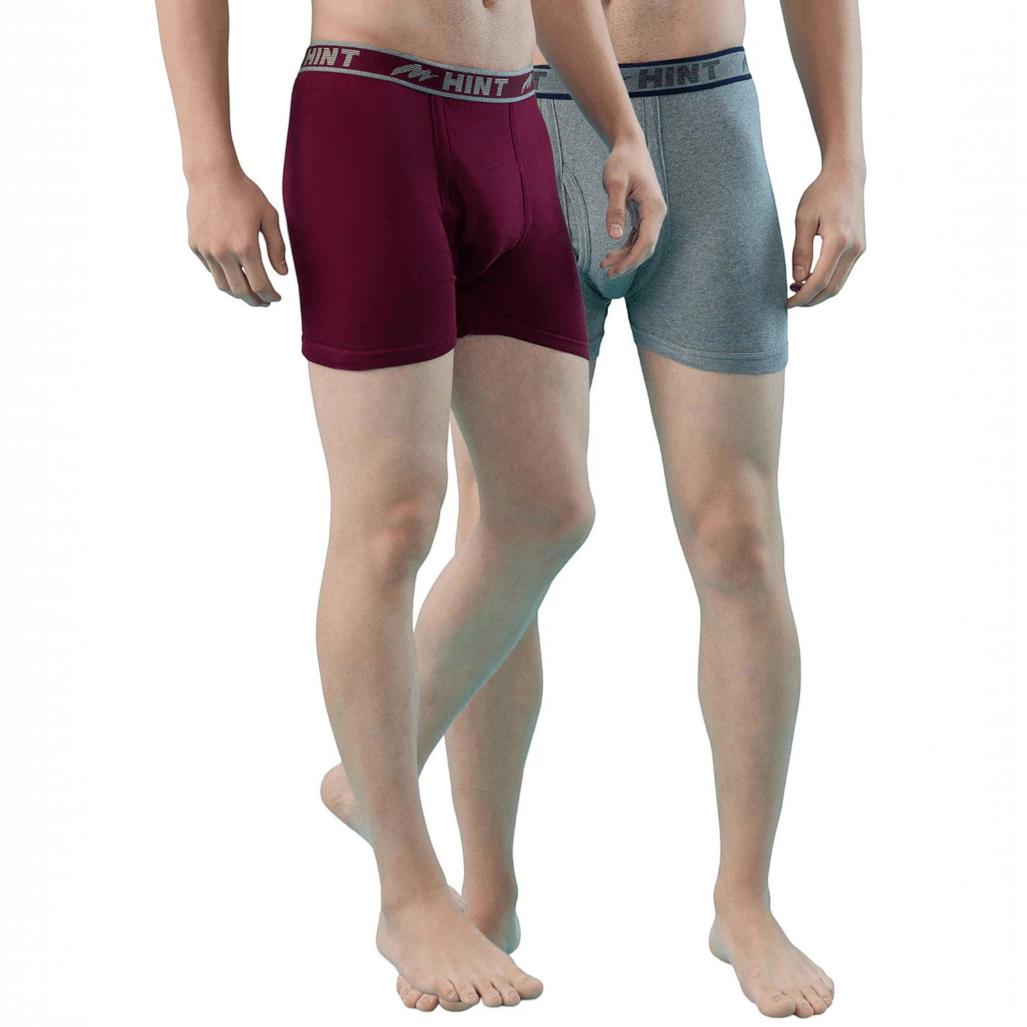 City Center men's stretch long trunks in maroon and grey cotton with elasticated branded waistbands