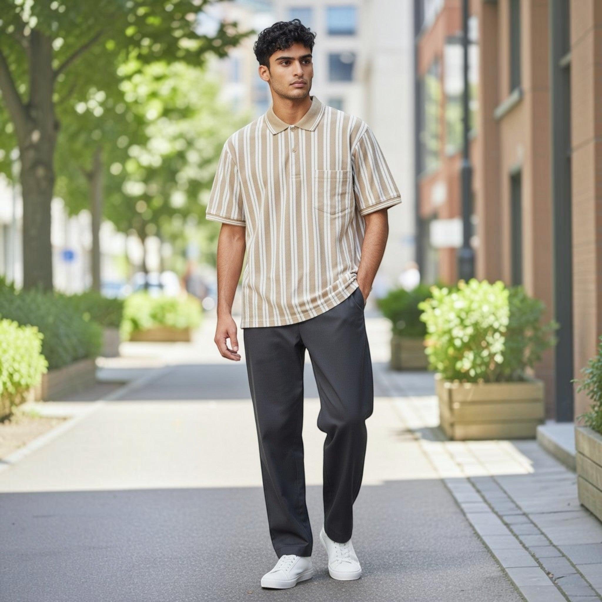 City Center M-Line beige vertical striped polo shirt with short sleeves worn by a man on a city street