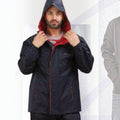 City Center Top N Town premium men's waterproof rain jacket in black with a red hood lining and front zipper detail.