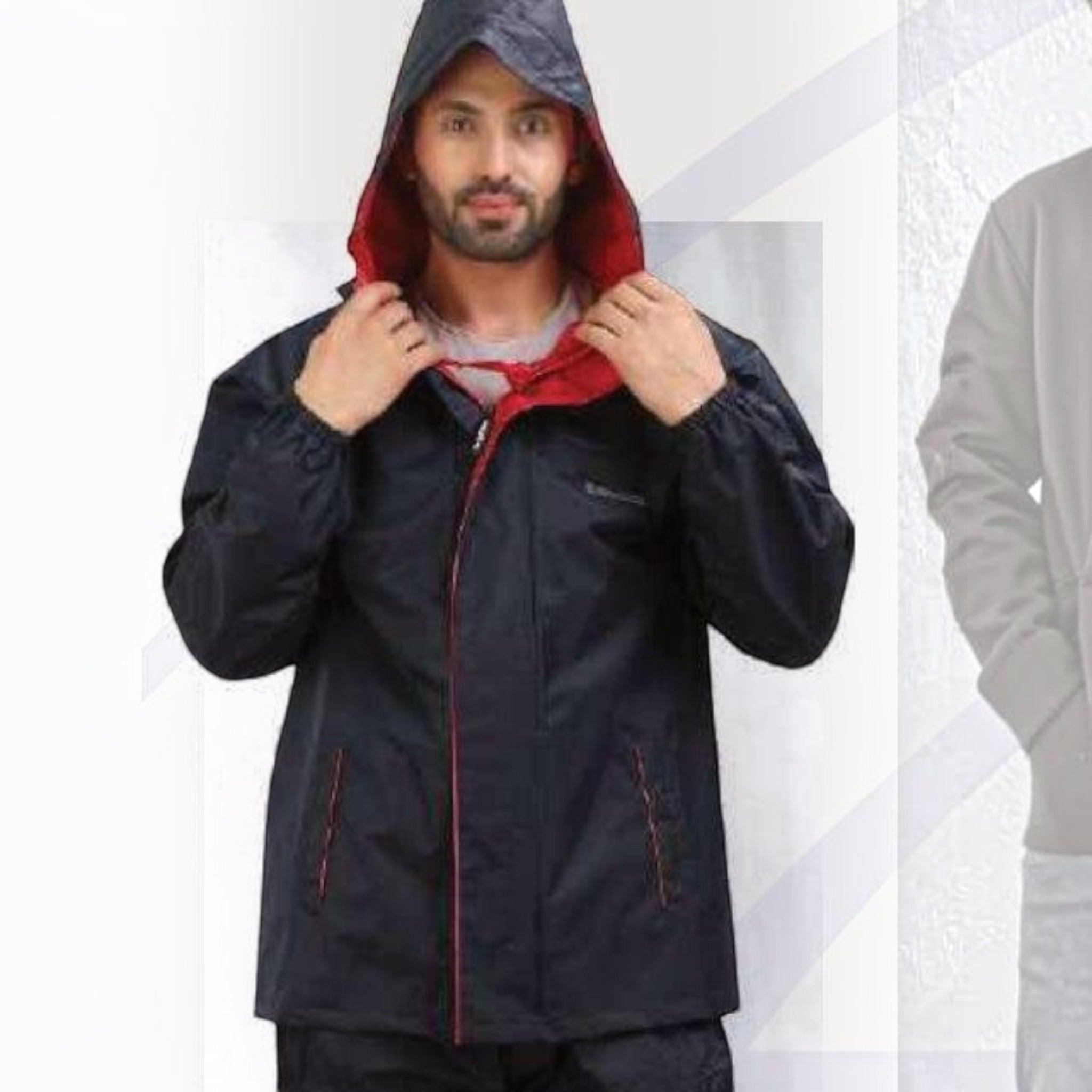 City Center Top N Town premium men's waterproof rain jacket in black with a red hood lining and front zipper detail.