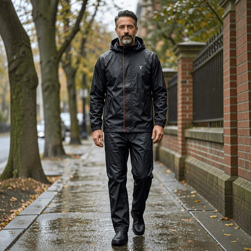 City Center Pioneer Collection men's black waterproof raincoat and trousers set with reflective details on a sidewalk