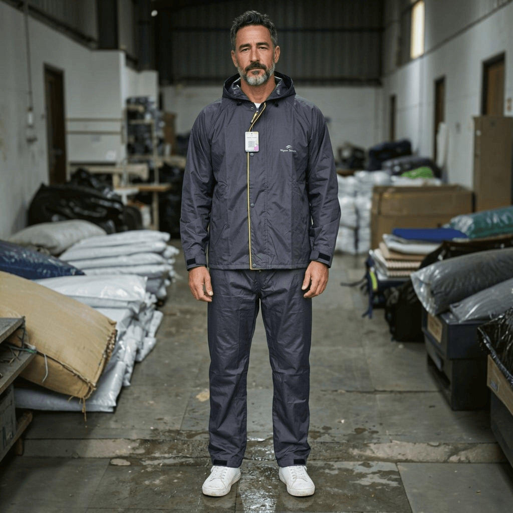 City Center Top In Town Pioneer Collection charcoal grey waterproof raincoat set with hood worn by a man in a warehouse
