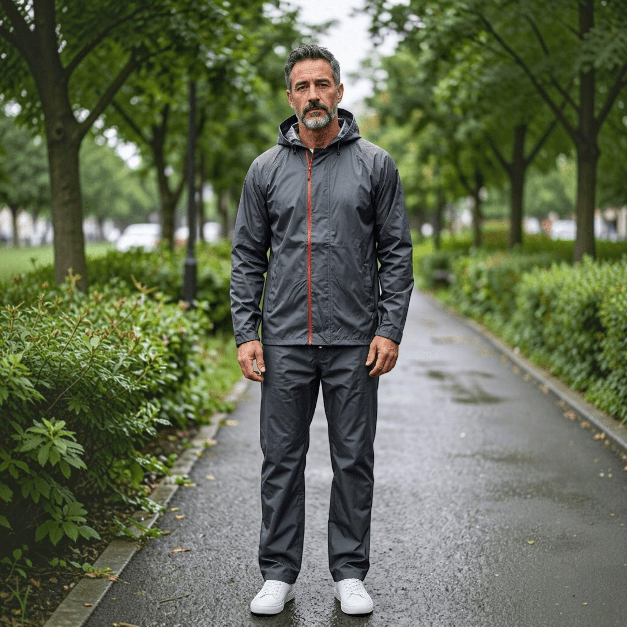 City Center Top In Town Pioneer Collection men's grey waterproof raincoat set with hood and orange zipper detail
