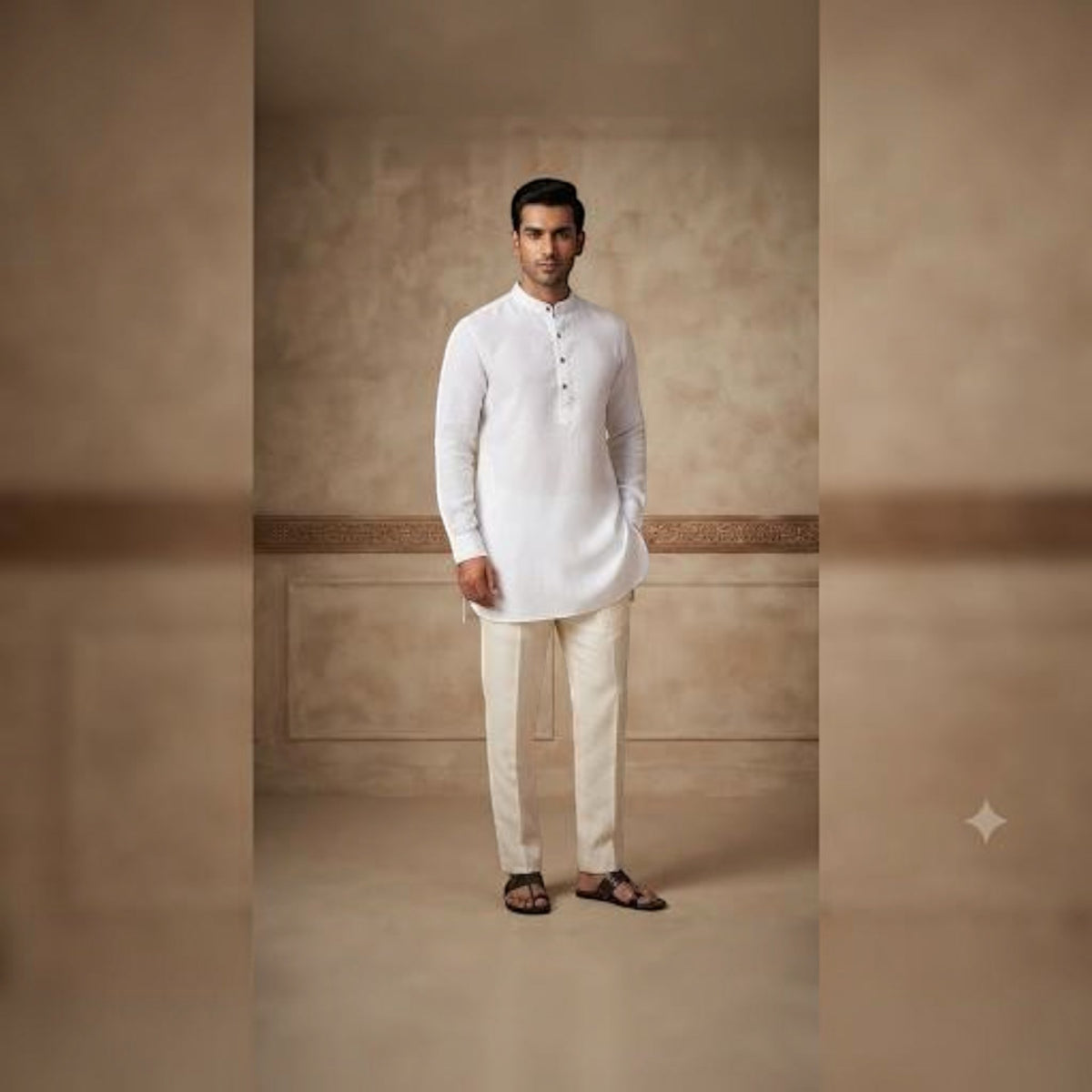 City Center men's white short kurta with mandarin collar and long sleeves, styled with cream trousers and sandals.