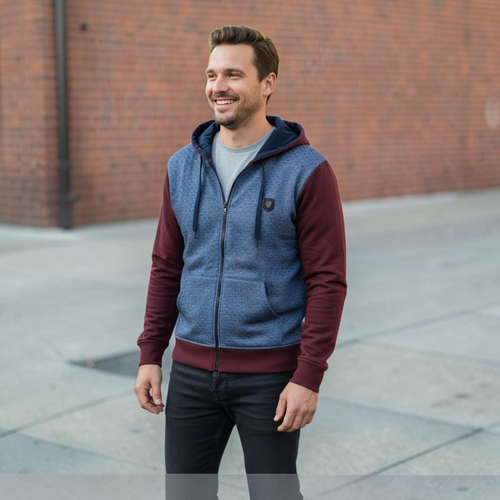 City Center men's full-zip hoodie with blue diamond-texture body, maroon sleeves, and adjustable drawstring hood