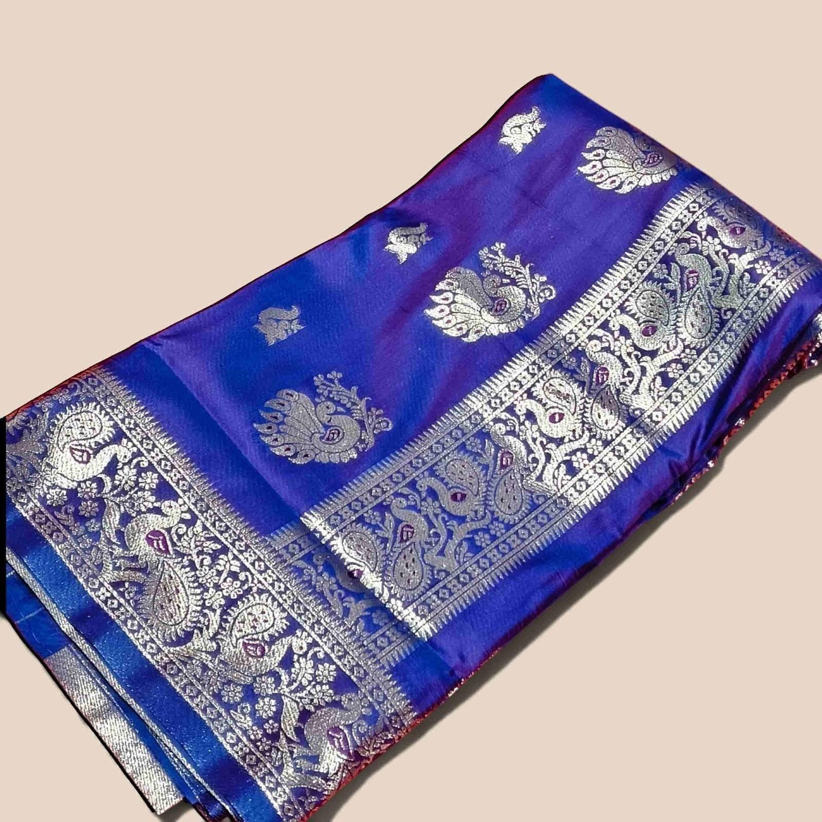 City Center midnight blue pure silk Peshwai saree with intricate silver zari peacock and paisley motifs on the border