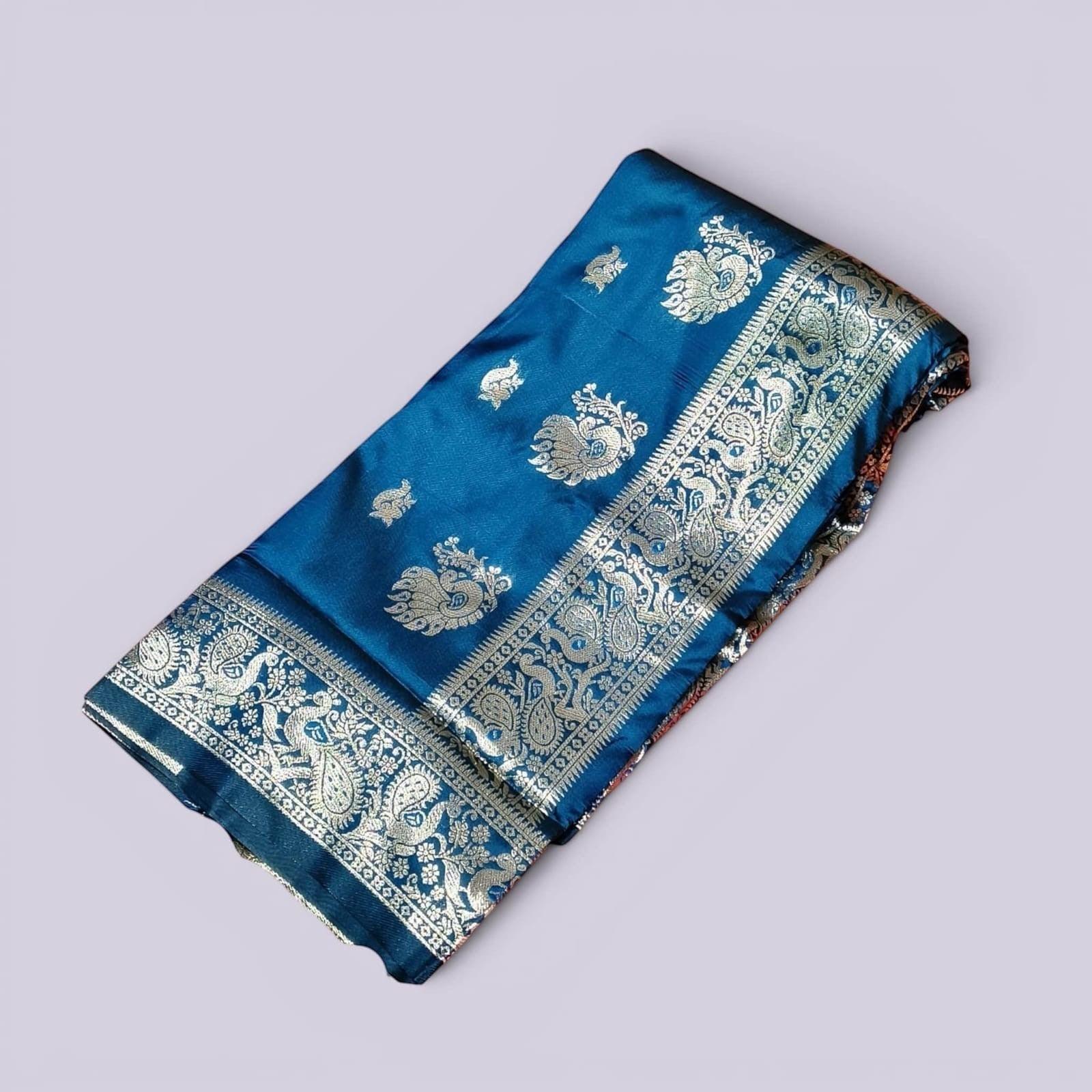 City Center midnight blue pure silk Peshwai saree with intricate gold zari peacock and floral motifs