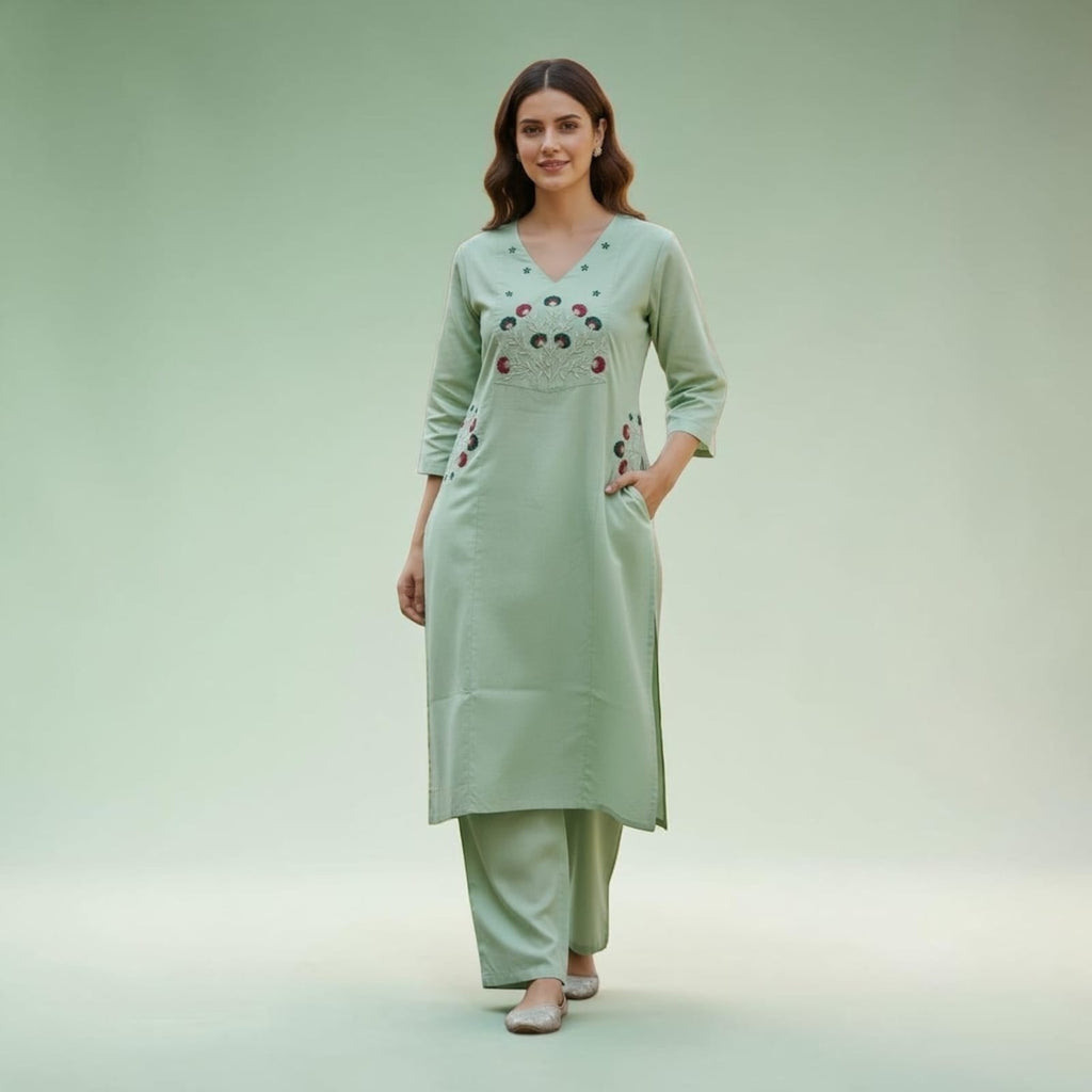 City Center mint green embroidered kurta and palazzo set with three-quarter sleeves on a model