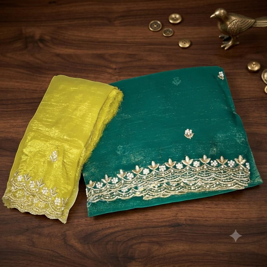 City Center MotiCrunch saree in emerald green and lime yellow crinkle fabric with intricate pearl bead embroidery.