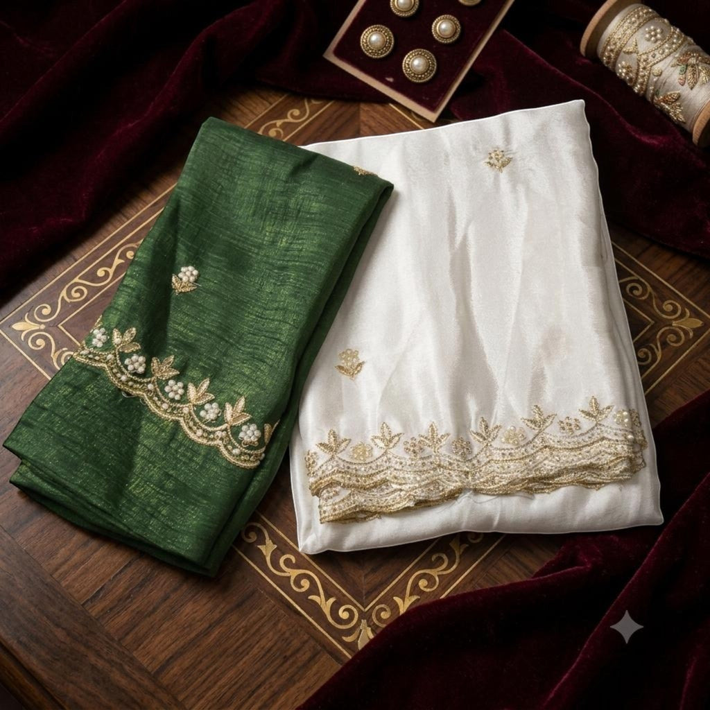 City Center MotiCrunch saree featuring white and green crinkle fabric with intricate pearl bead and gold embroidery