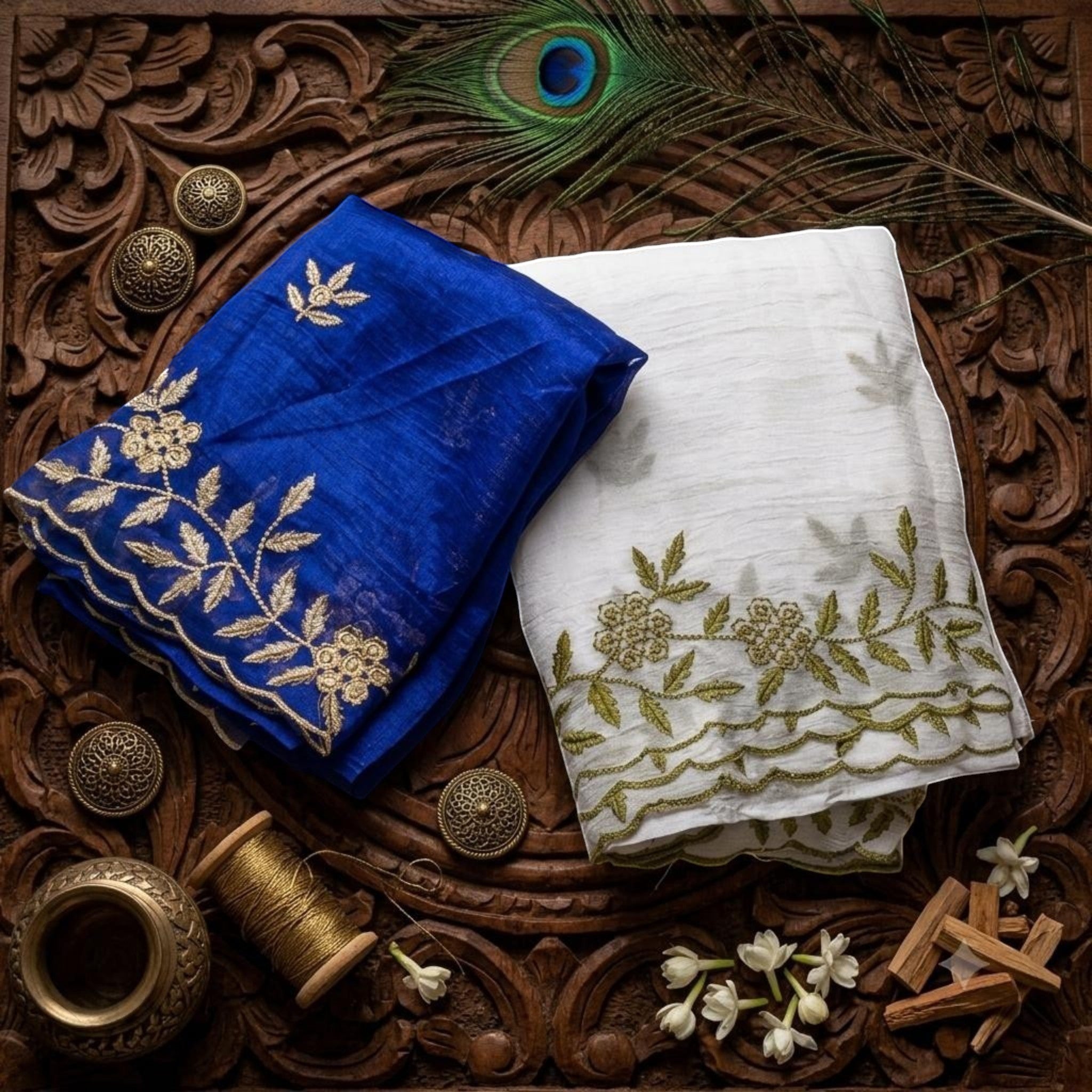 City Center MotiCrunch saree set in royal blue and white crinkle fabric with intricate gold floral embroidery