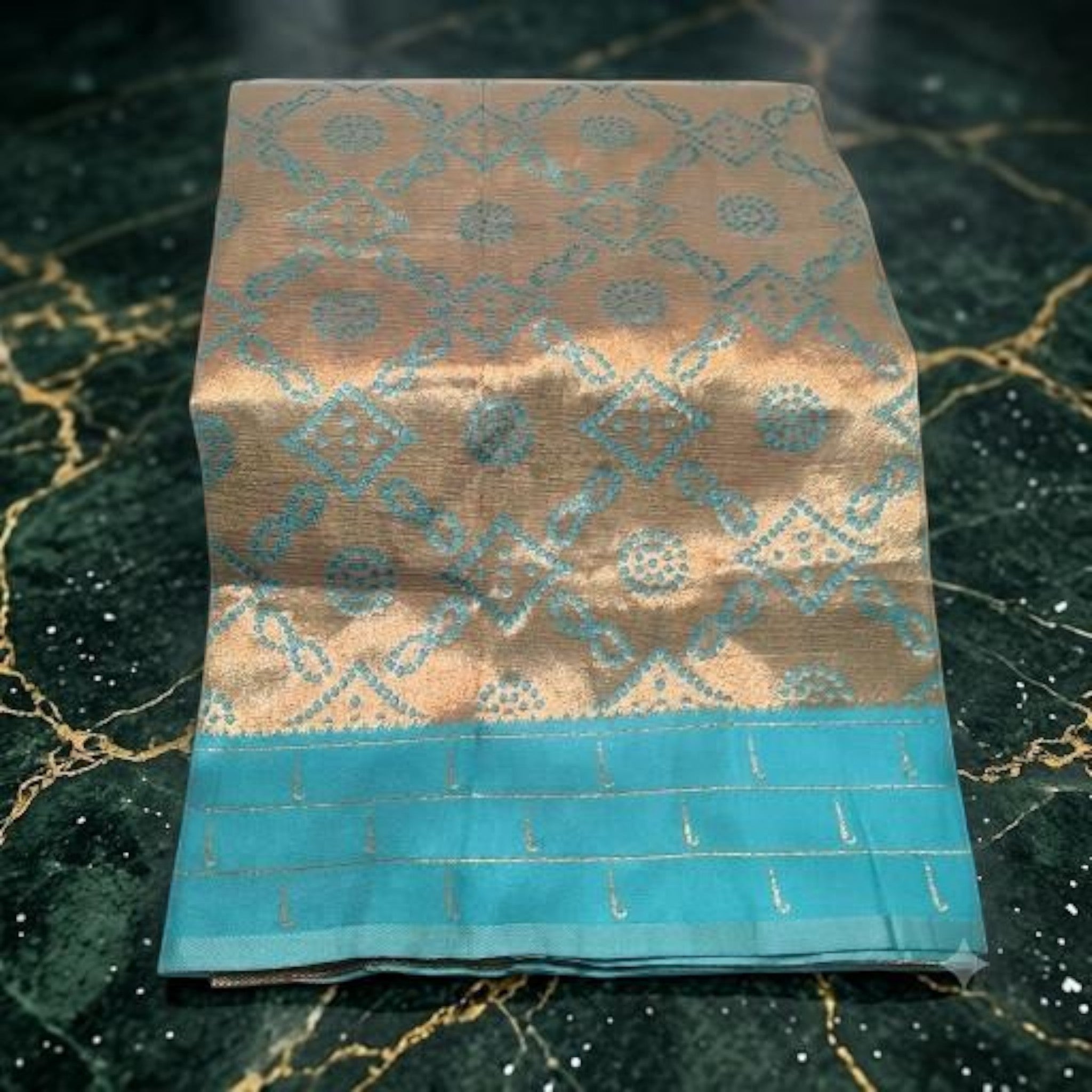 City Center Muniya Paithani pure silk saree in gold with turquoise blue geometric zari border and parrot motifs