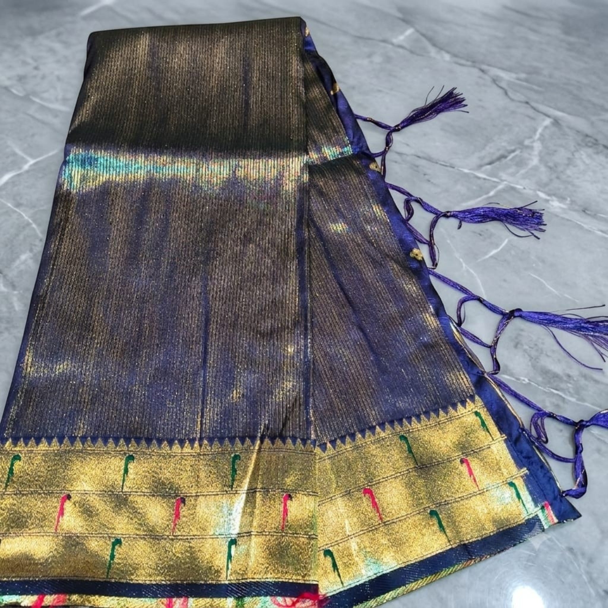 City Center Muniya Paithani silk saree in deep purple with gold zari border and traditional parrot motifs