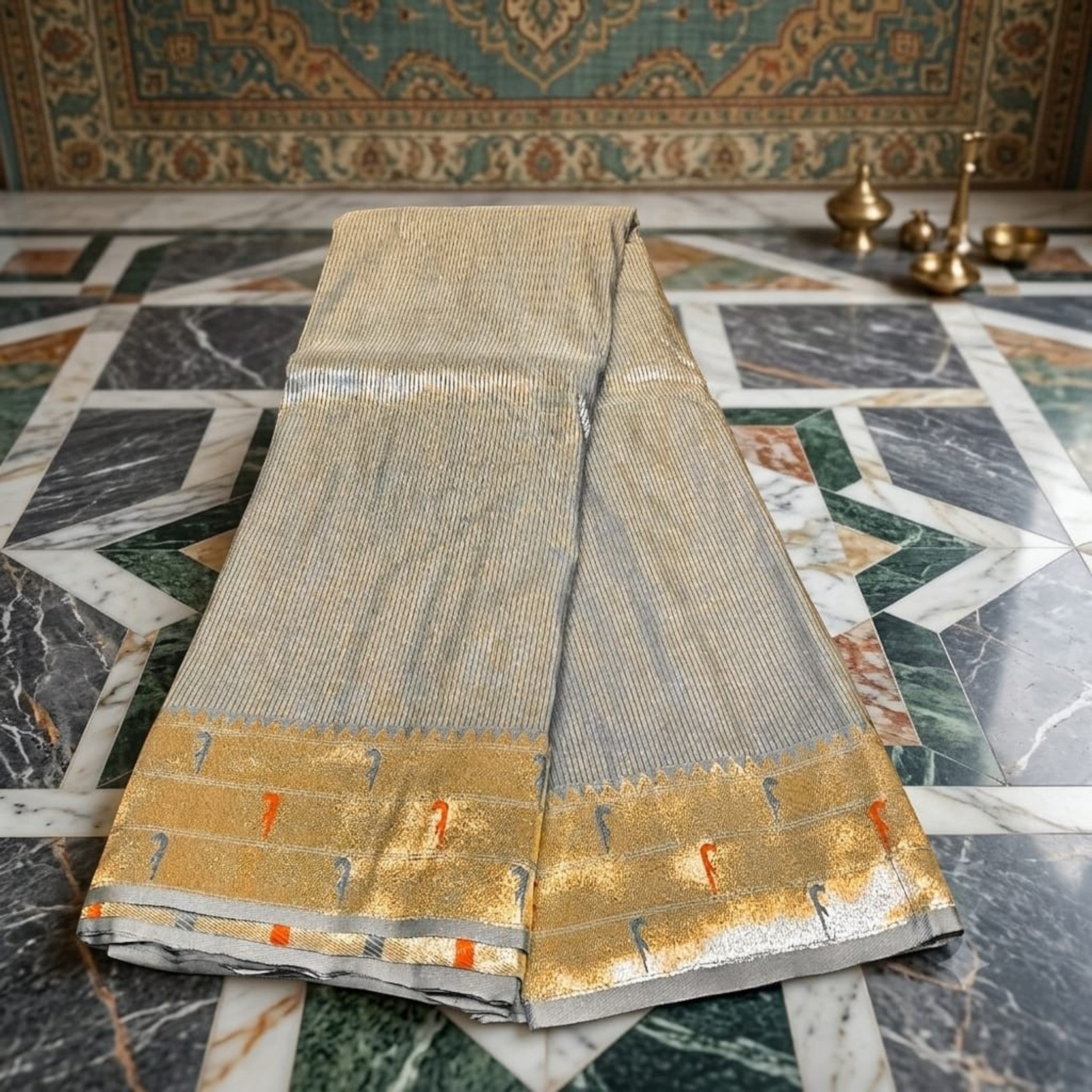 City Center Muniya Paithani silk saree in grey with gold zari border and traditional parrot motifs on a marble floor.
