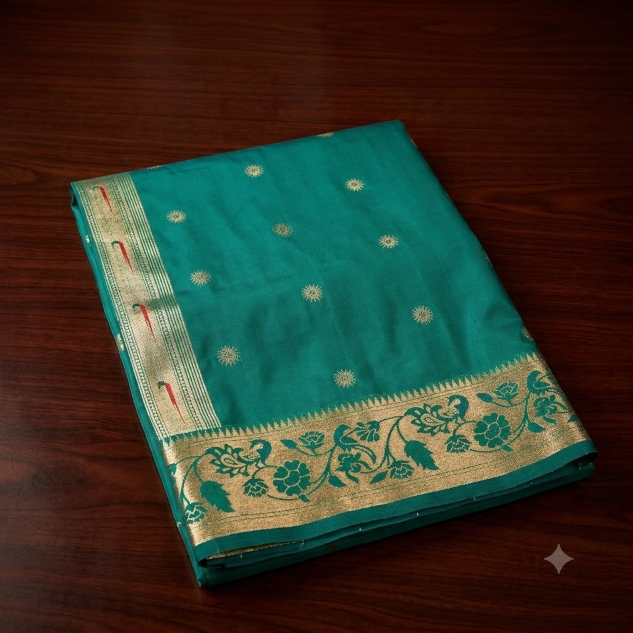 City Center Muniya Paithani pure silk saree in emerald green with gold zari parrot motifs and floral border