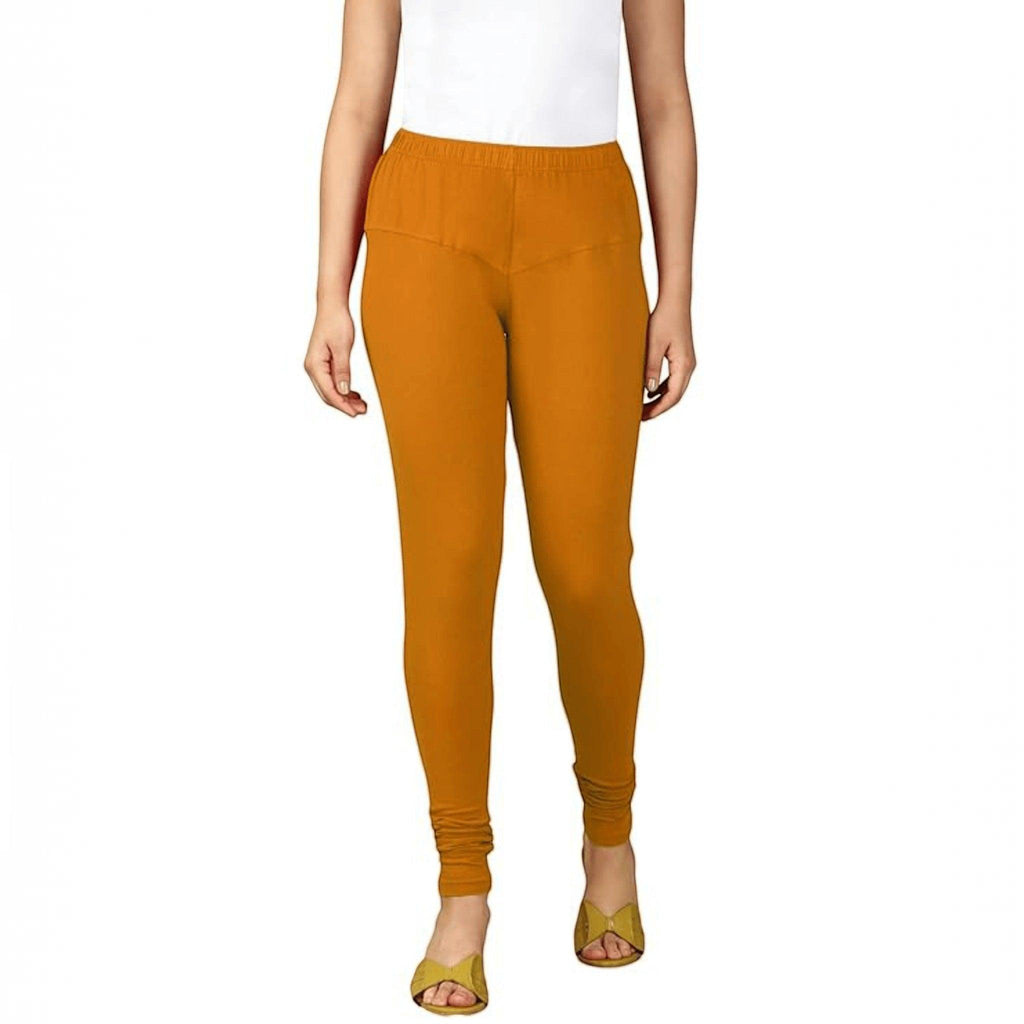 City Center mustard yellow cotton lycra churidar leggings for women featuring a comfortable pull-on design.