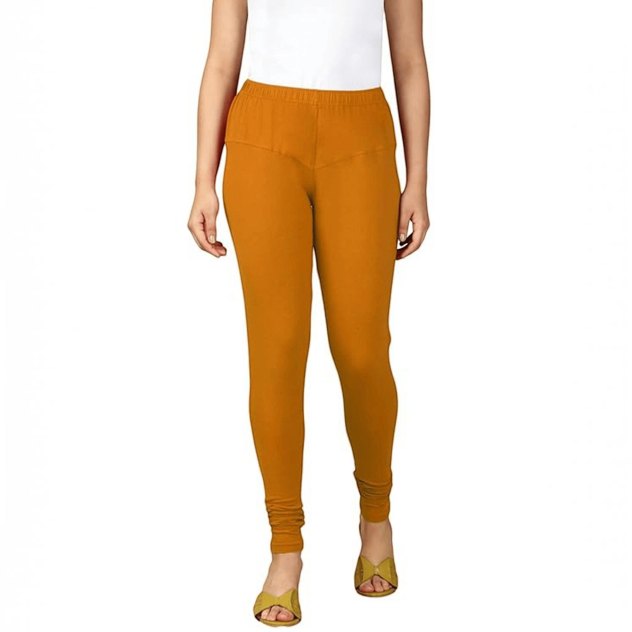 City Center mustard yellow cotton lycra churidar leggings for women featuring a comfortable pull-on design.