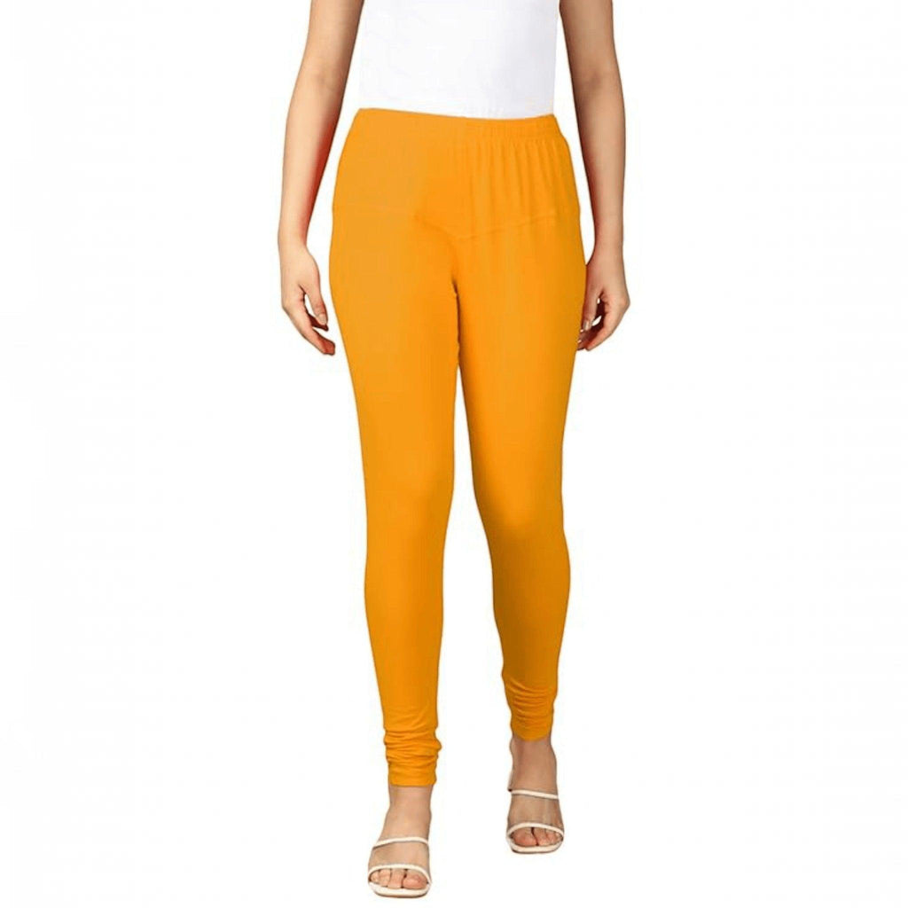 City Center mustard yellow full-length cotton lycra churidar leggings for women with a comfortable pull-on fit