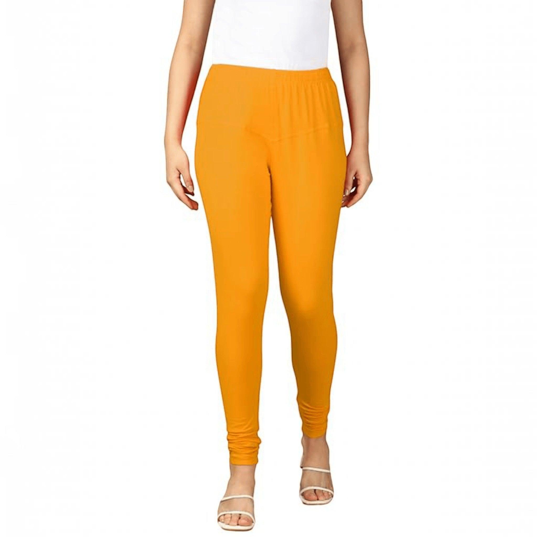 City Center mustard yellow cotton lycra churidar leggings for women with a comfortable pull-on elastic waistband.