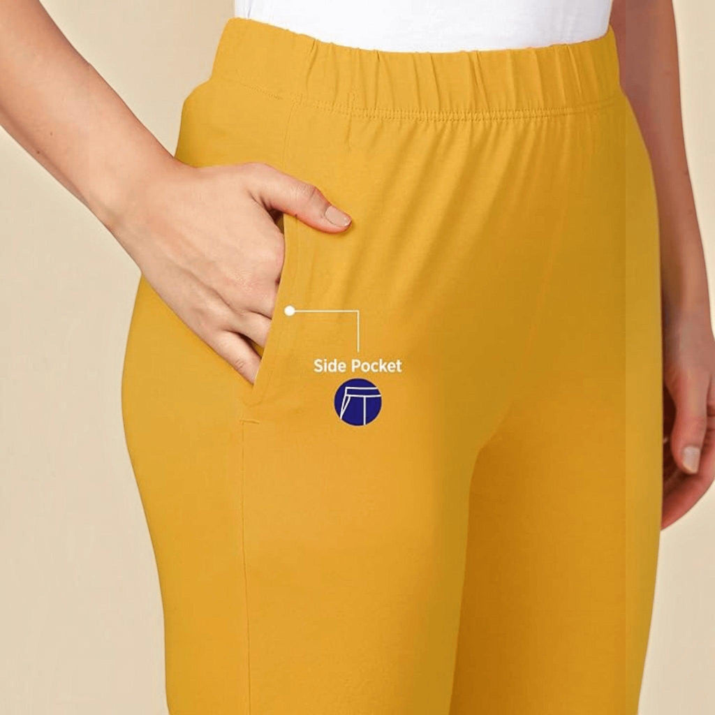 City Center PYNK by Lux Cozi mustard yellow cotton lycra kurtipant with a functional side pocket and elastic waist