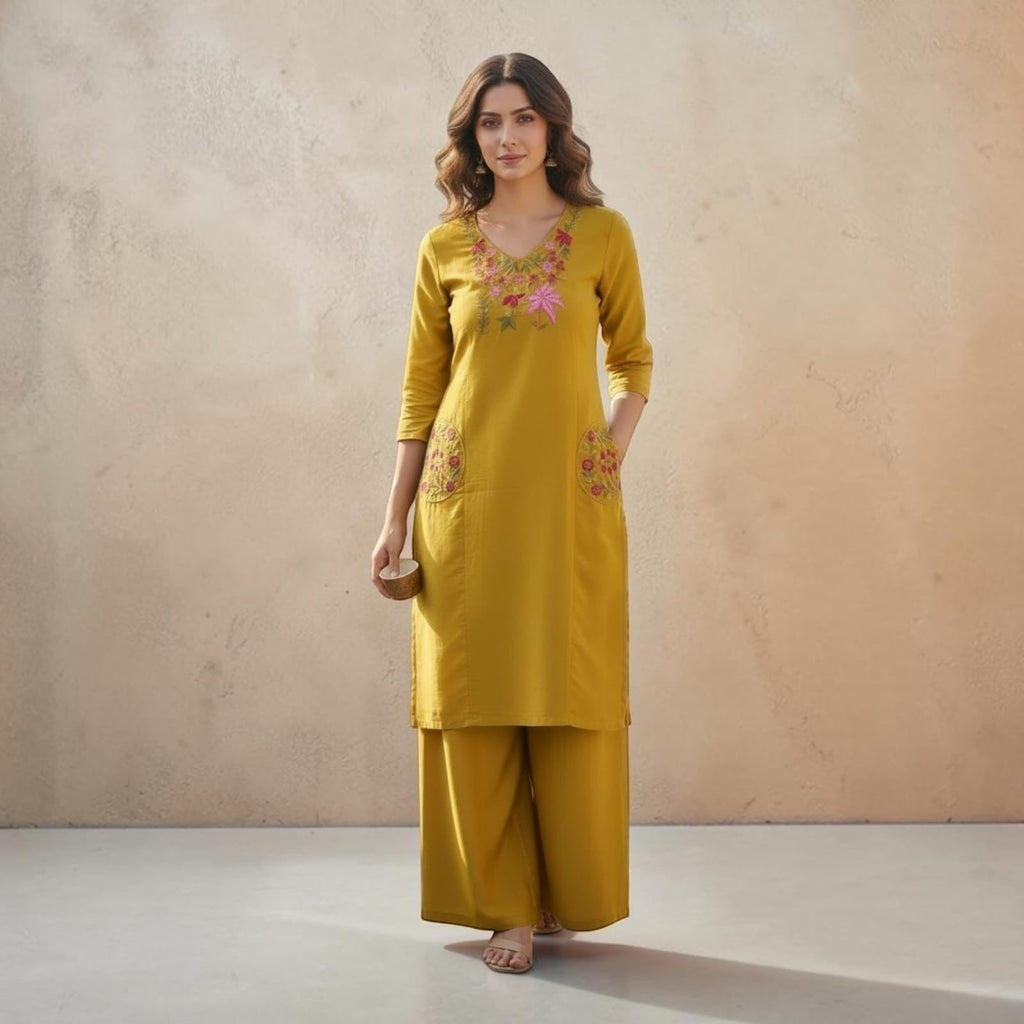 City Center mustard yellow embroidered kurta and palazzo set with floral neckline and pocket detailing on a model.