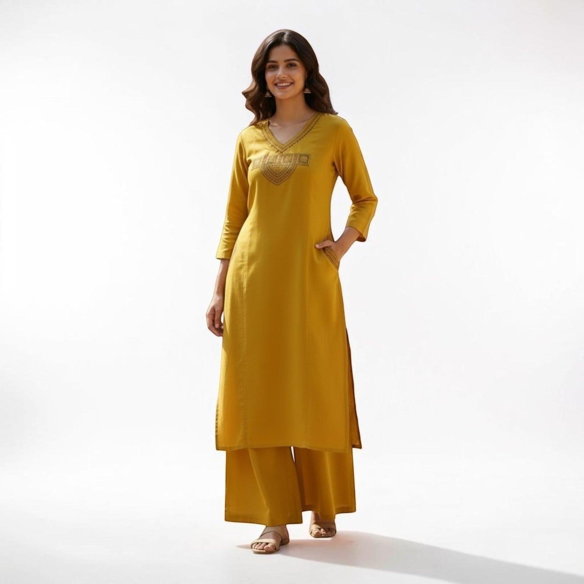 City Center mustard yellow straight-cut kurta and wide-leg pant set with V-neckline and intricate ethnic embroidery.