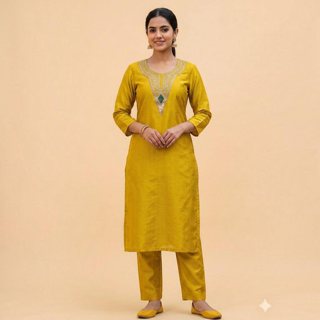 City Center mustard yellow vertical textured co-ord set with embroidered neckline and matching trousers on a model