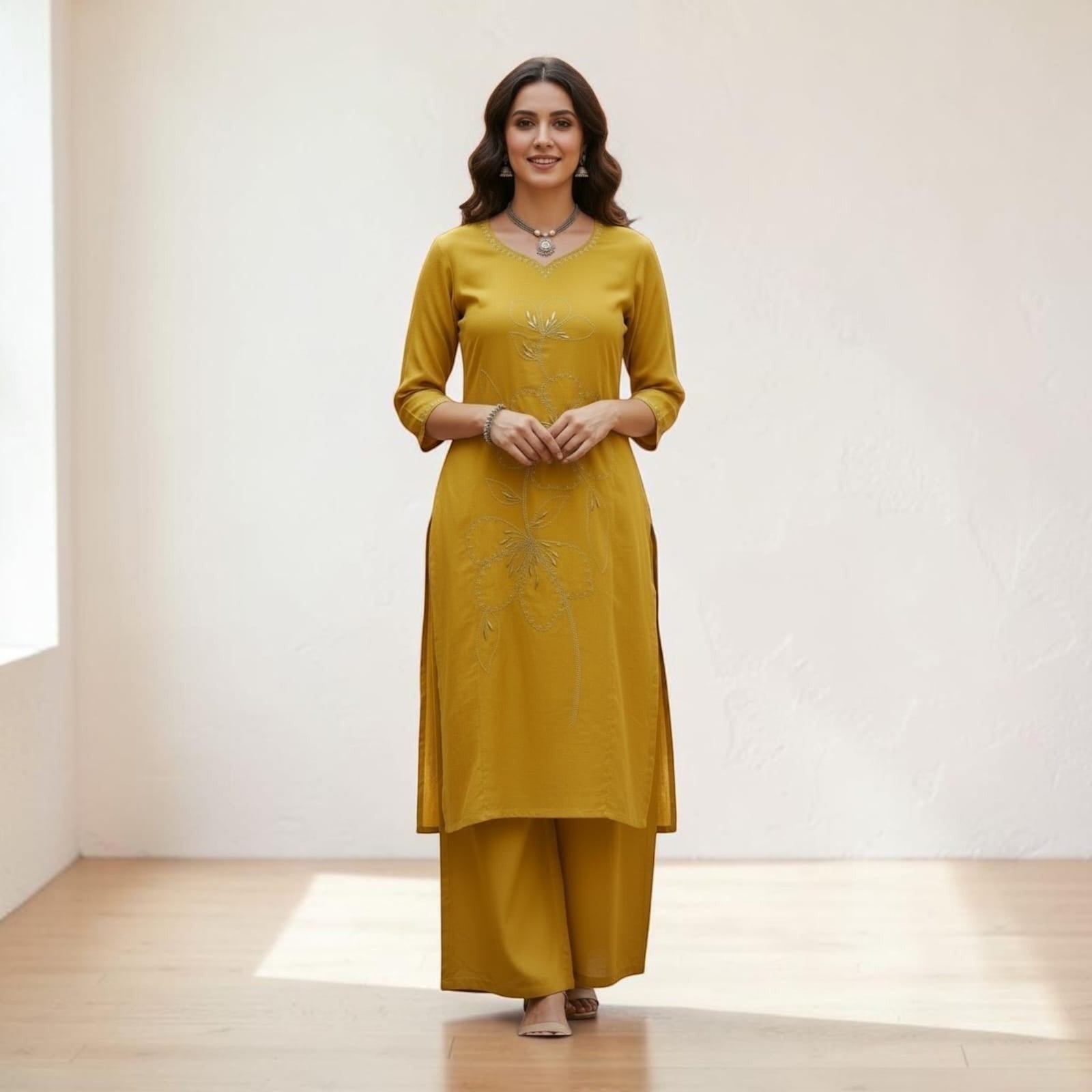 City Center mustard yellow Vatican fabric cord set with delicate embroidery, featuring a kurti and wide-leg pants.