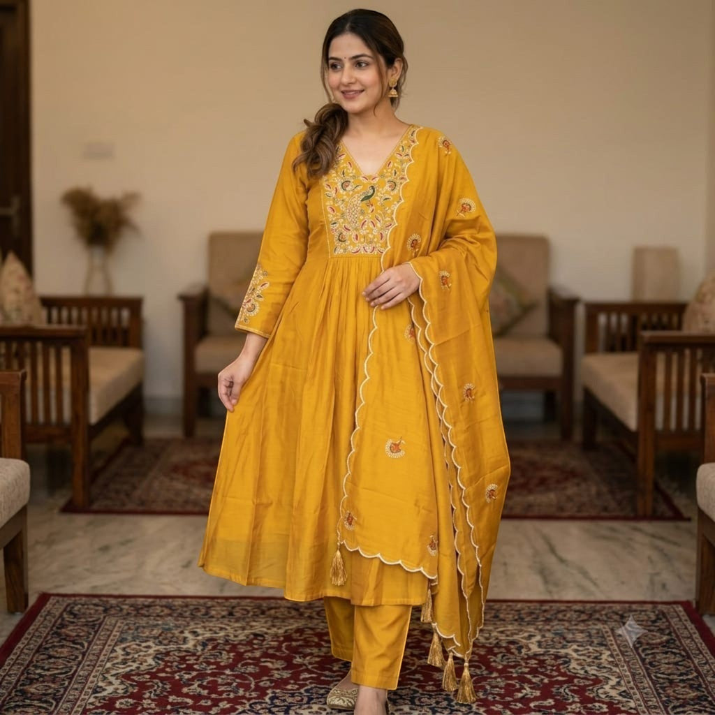 City Center mustard yellow Kalki Gaytri churidar set with intricate embroidery on the kurta and matching dupatta.