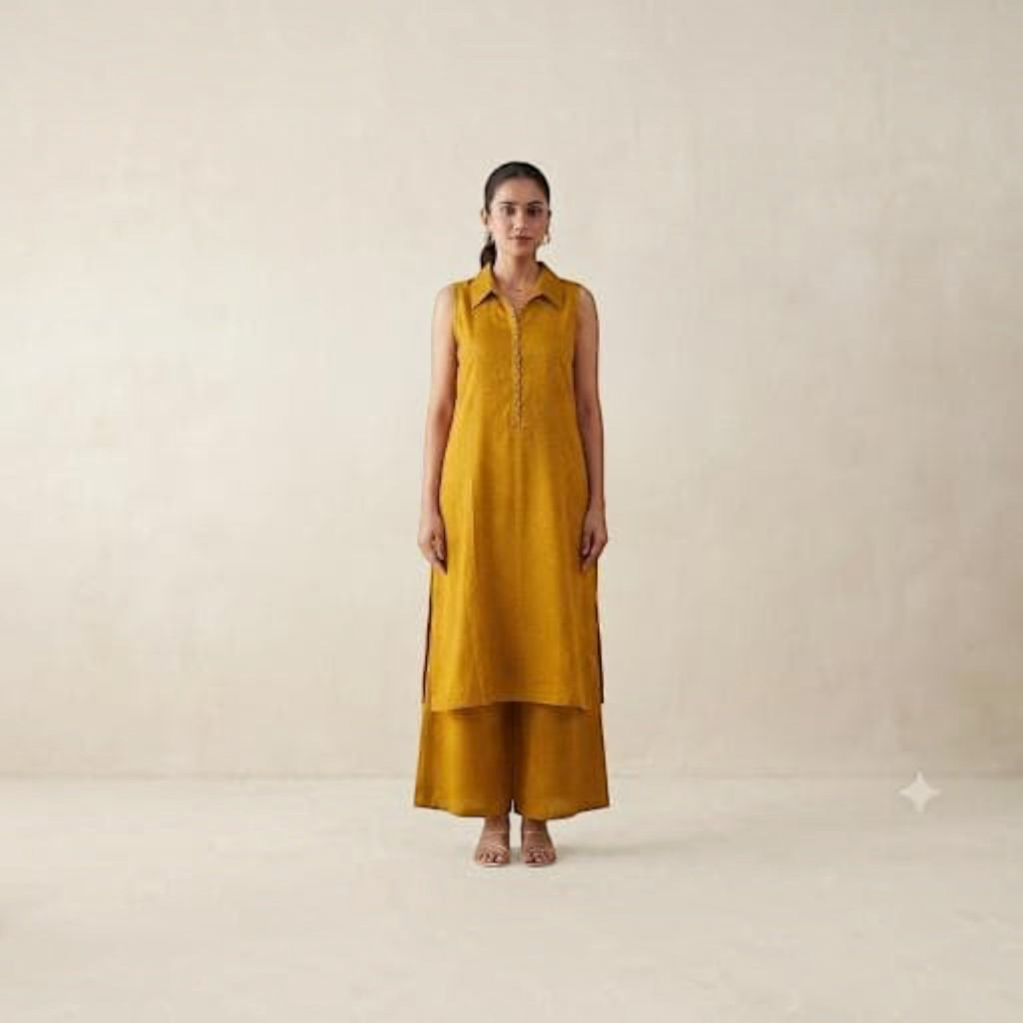 City Center mustard yellow sleeveless collared tunic and wide-leg trousers co-ord set worn by a model