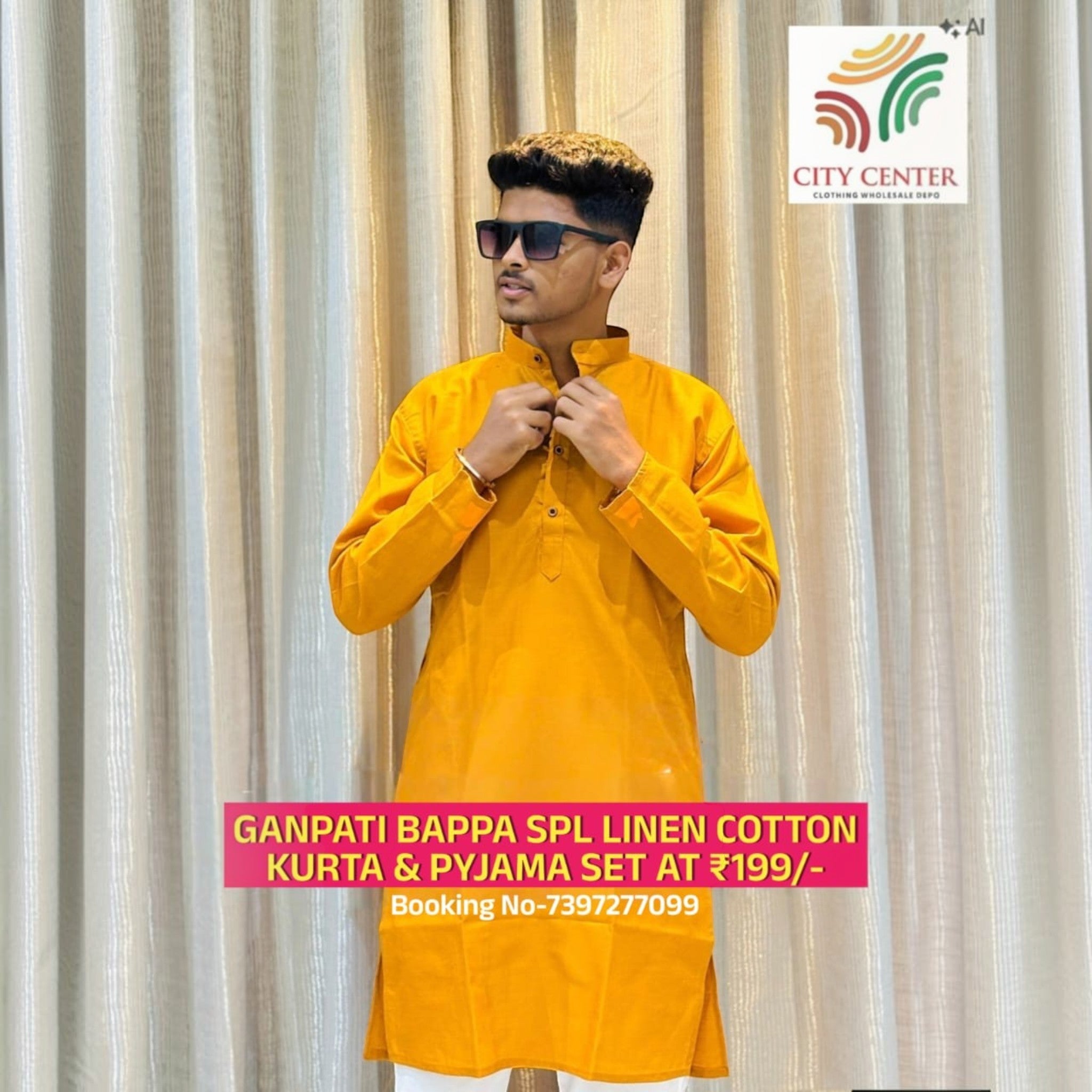 City Center men's mustard yellow linen cotton kurta and white pyjama set for Ganesh Chaturthi festival celebrations.