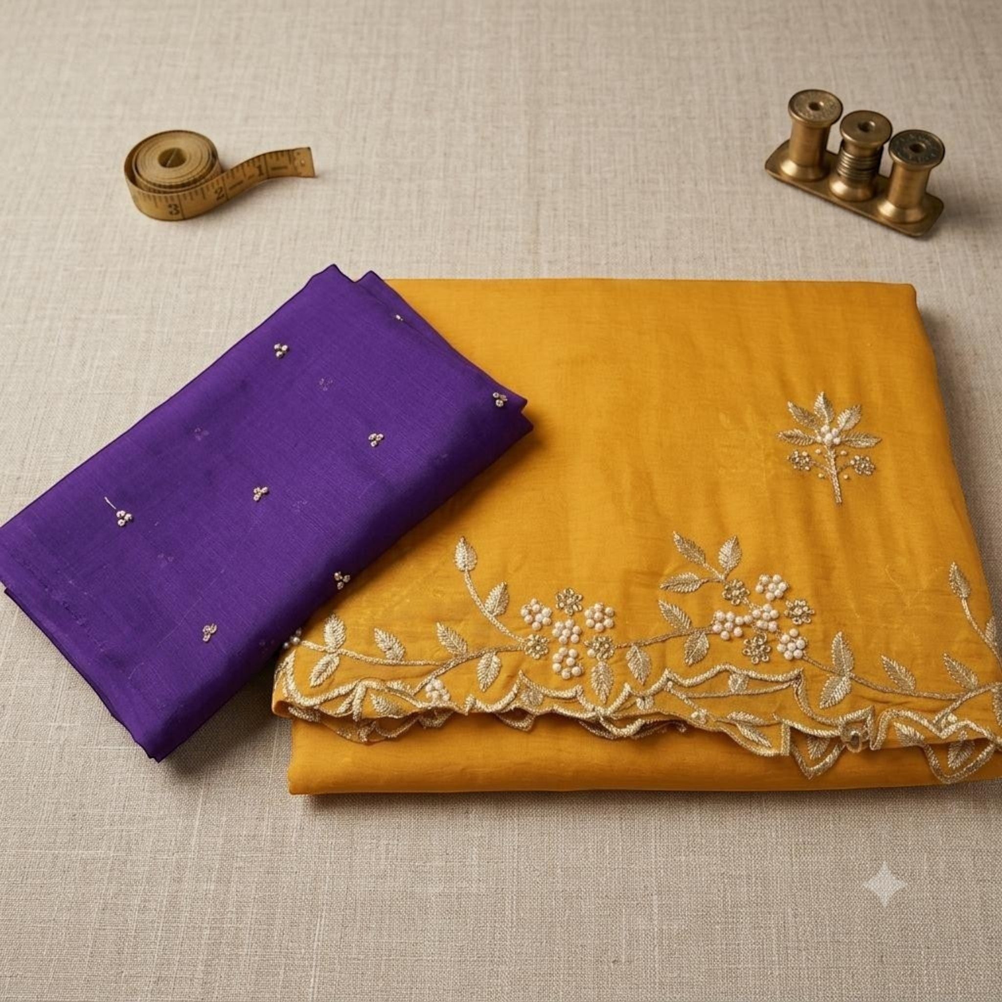 City Center MotiCrunch saree in mustard yellow with pearl bead embroidery and a contrasting purple blouse piece.