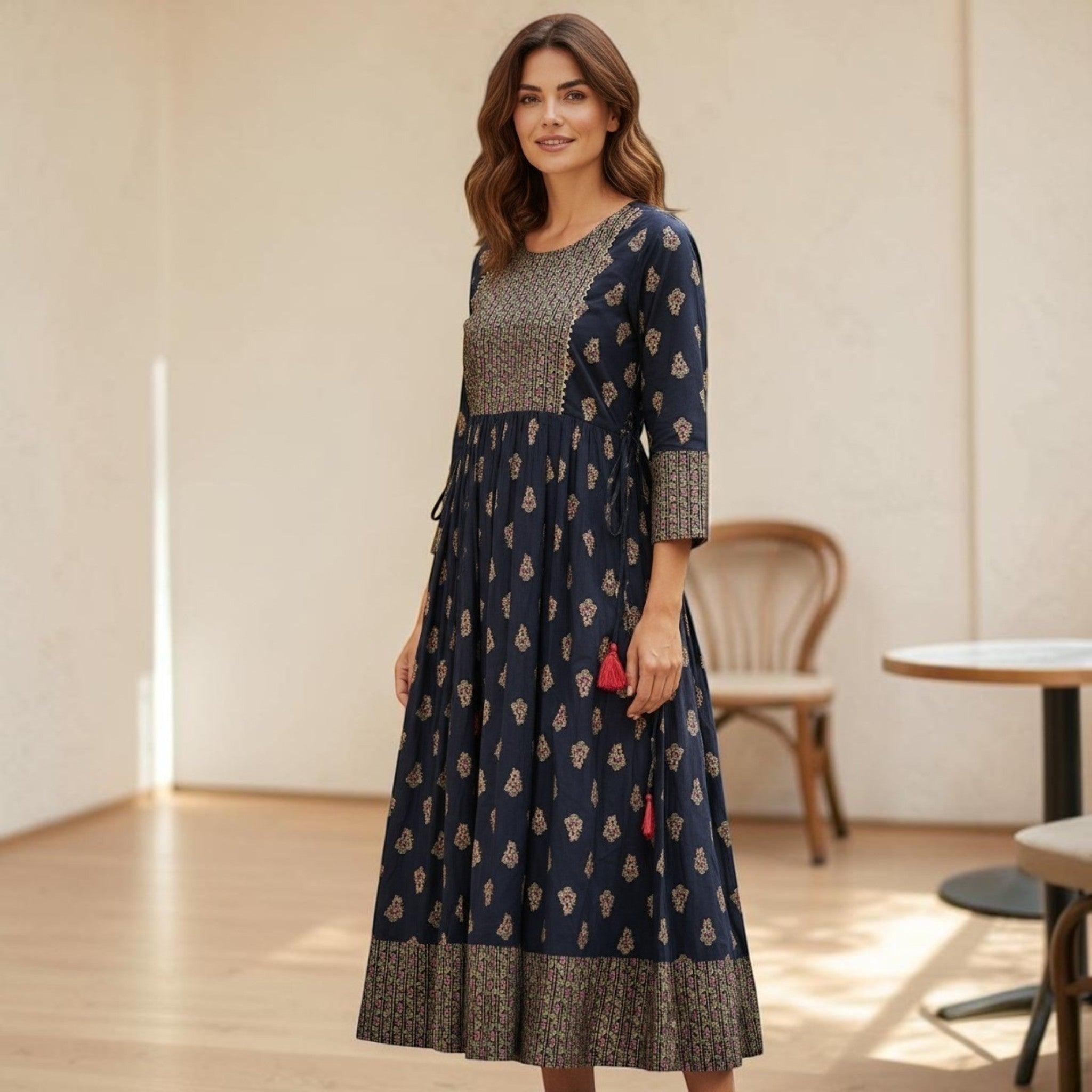 City Center navy blue Anarkali kurti with gold ethnic print, three-quarter sleeves, and a flared silhouette.