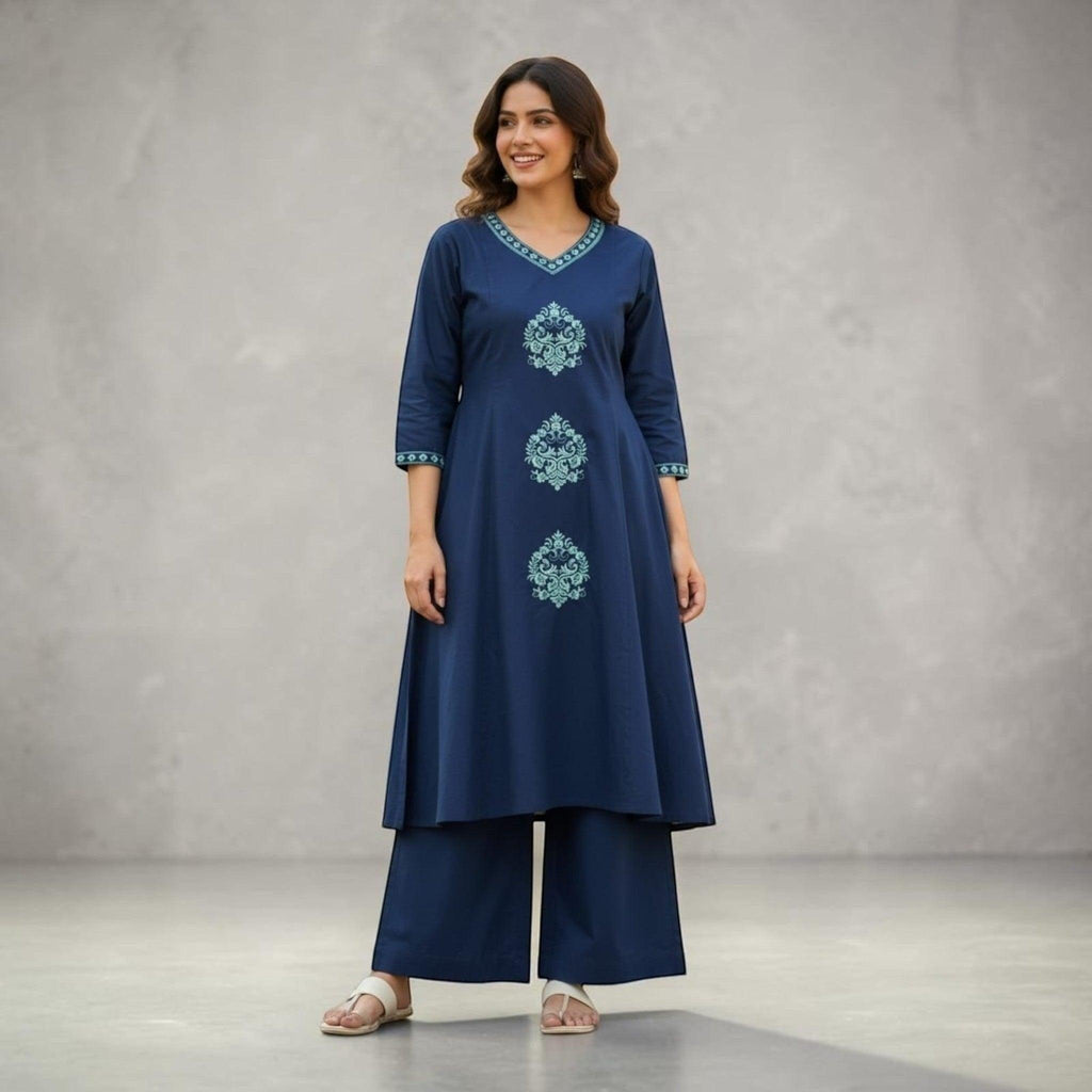 City Center navy blue pure cotton co-ord set with intricate teal embroidery on the neckline and front panels