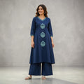City Center navy blue pure cotton co-ord set with intricate teal embroidery on the neckline and front panels