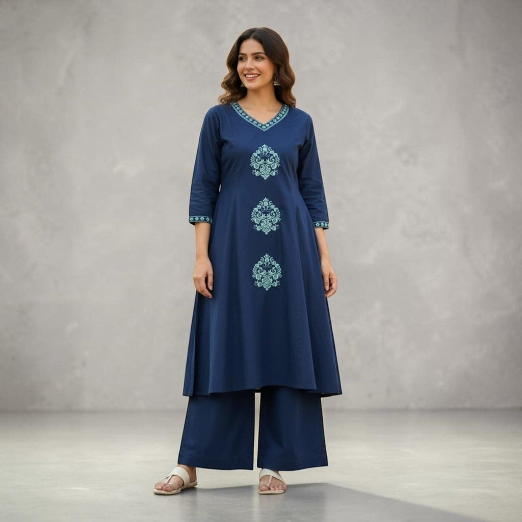 City Center navy blue cotton co-ord set featuring intricate light blue embroidery on the neckline and front panels.