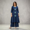 City Center navy blue cotton co-ord set featuring intricate light blue embroidery on the neckline and front panels.