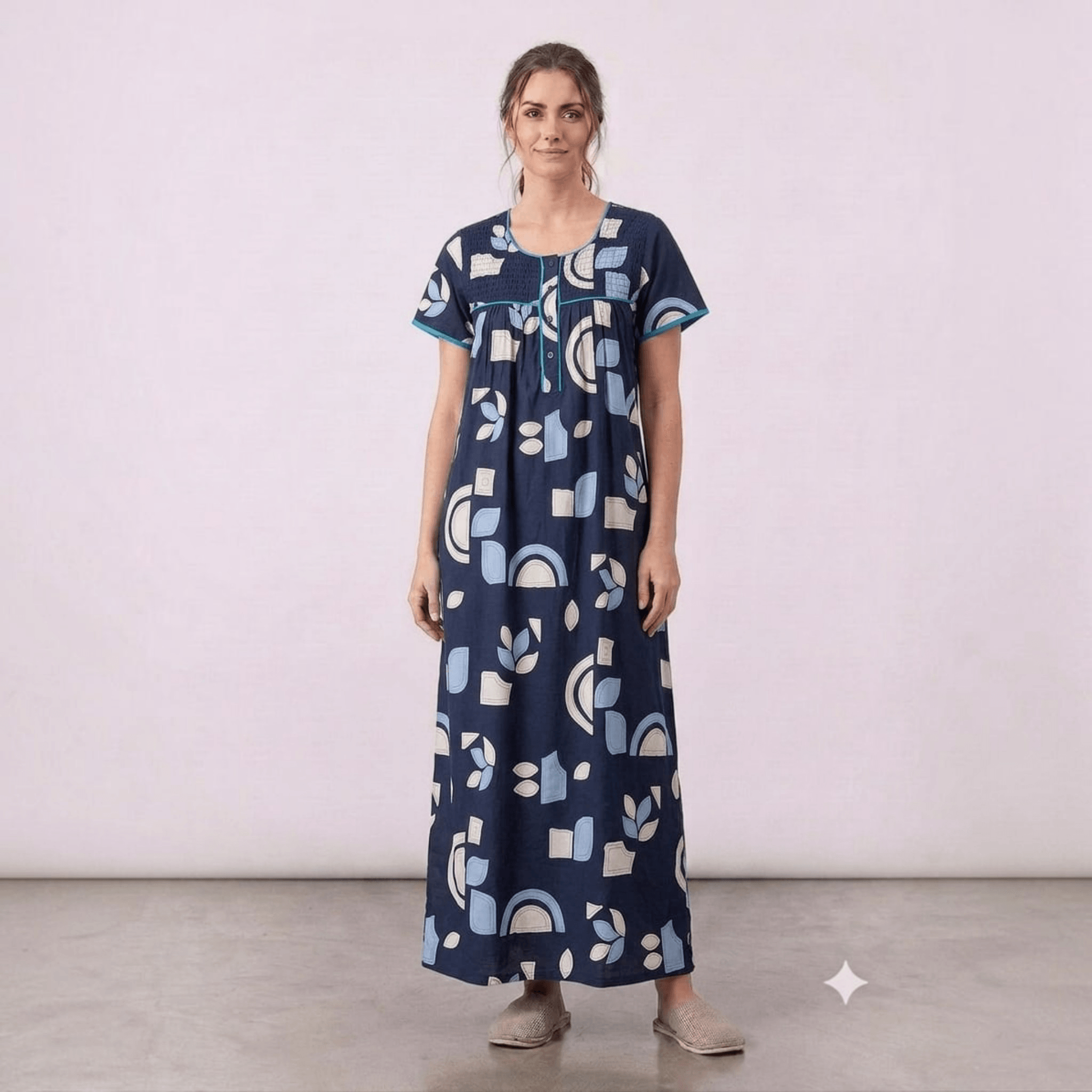 City Center women's navy blue cotton blend feeding gown with geometric print, neck embroidery, and relaxed A-line fit.
