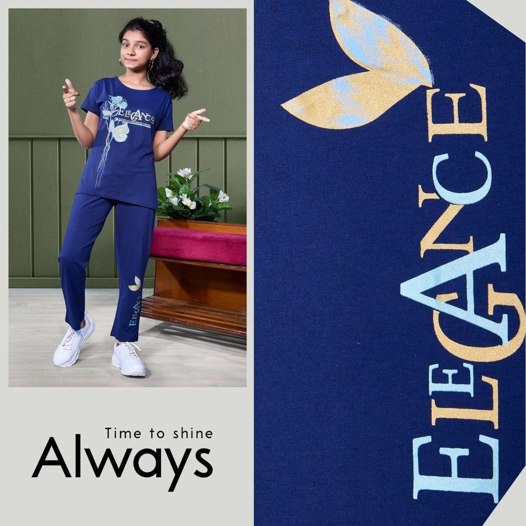 City Center Honey Girls navy blue cotton cord set with Elegance graphic print worn by a young girl