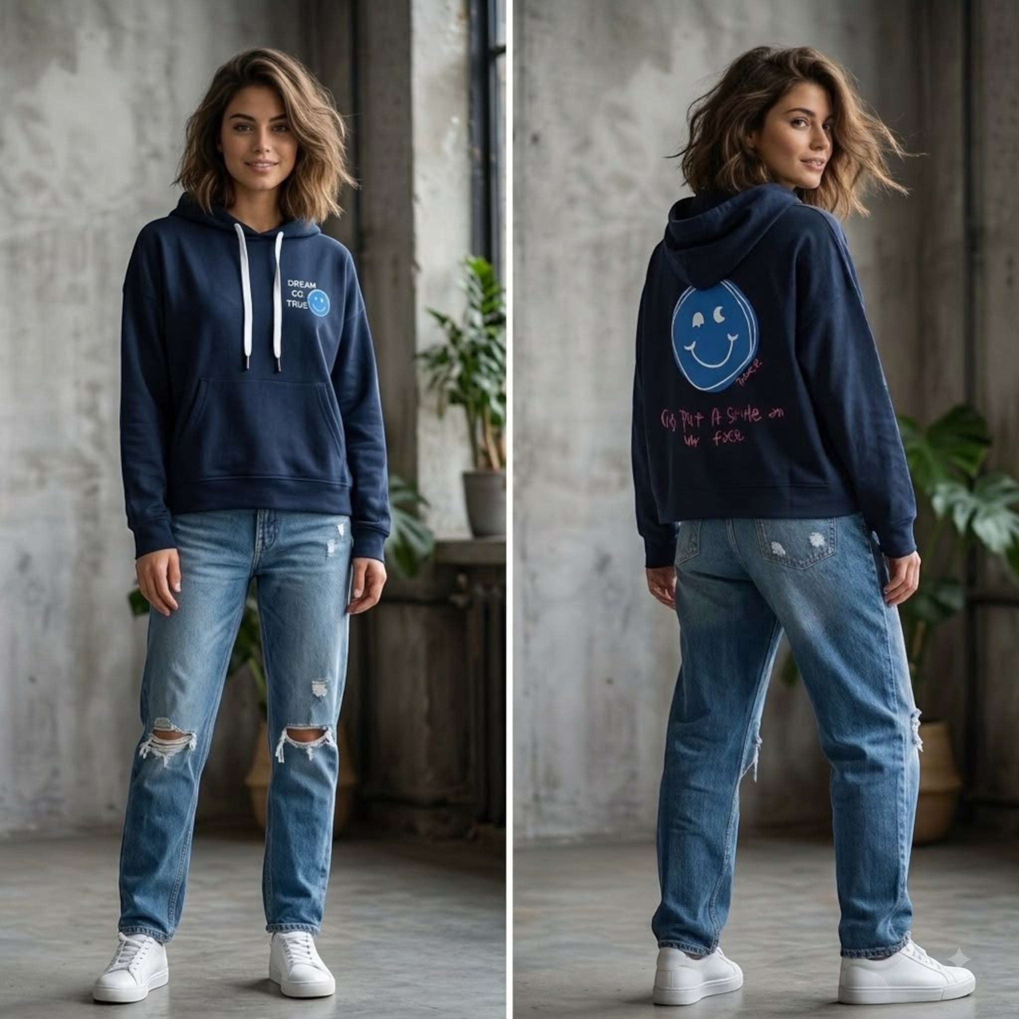 City Center navy blue hooded crop top with smiley face graphic, worn by a woman with distressed jeans and sneakers.