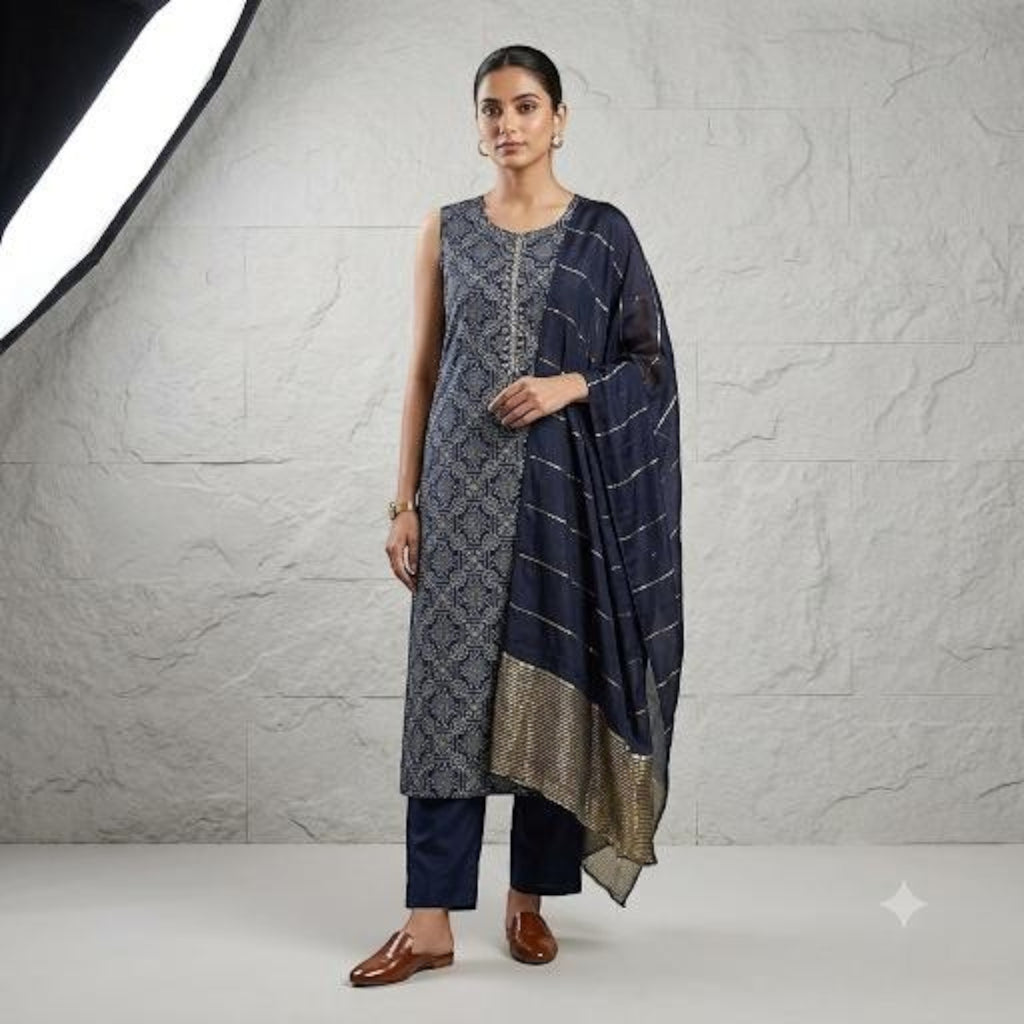 City Center sleeveless navy blue printed kurti set with matching trousers and a metallic detailed dupatta
