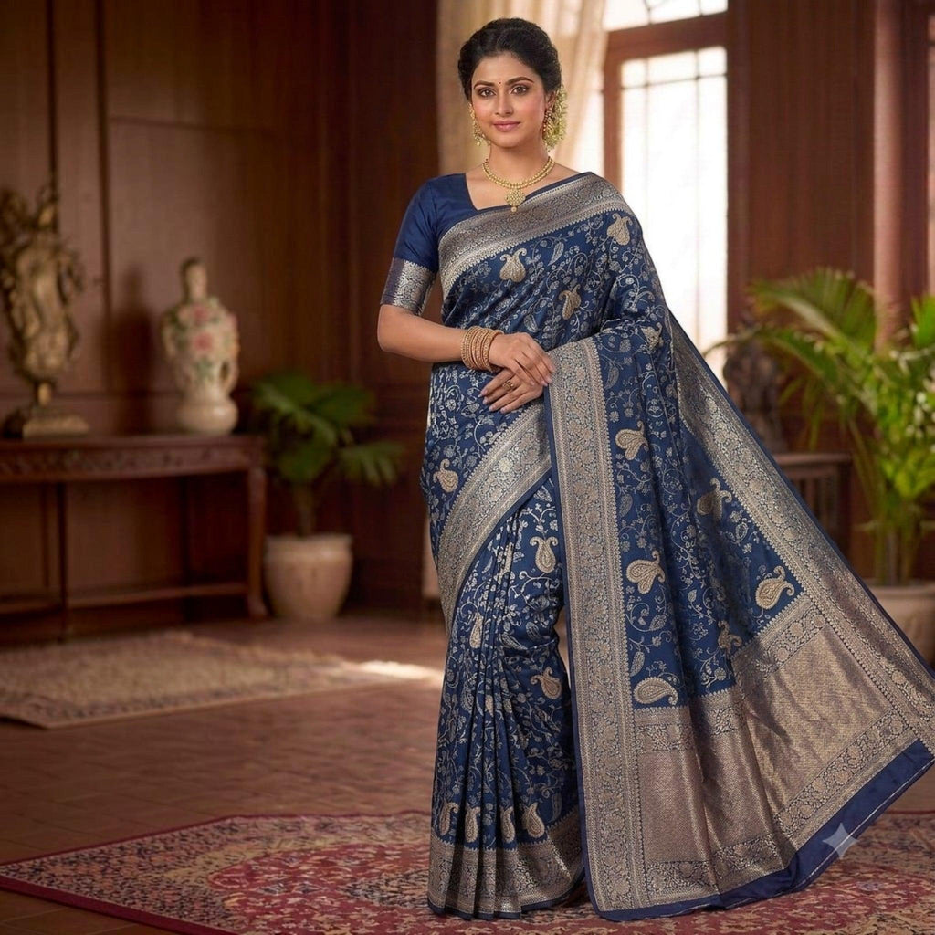 City Center traditional navy blue silk saree with intricate silver zari woven paisley motifs and a wide border.