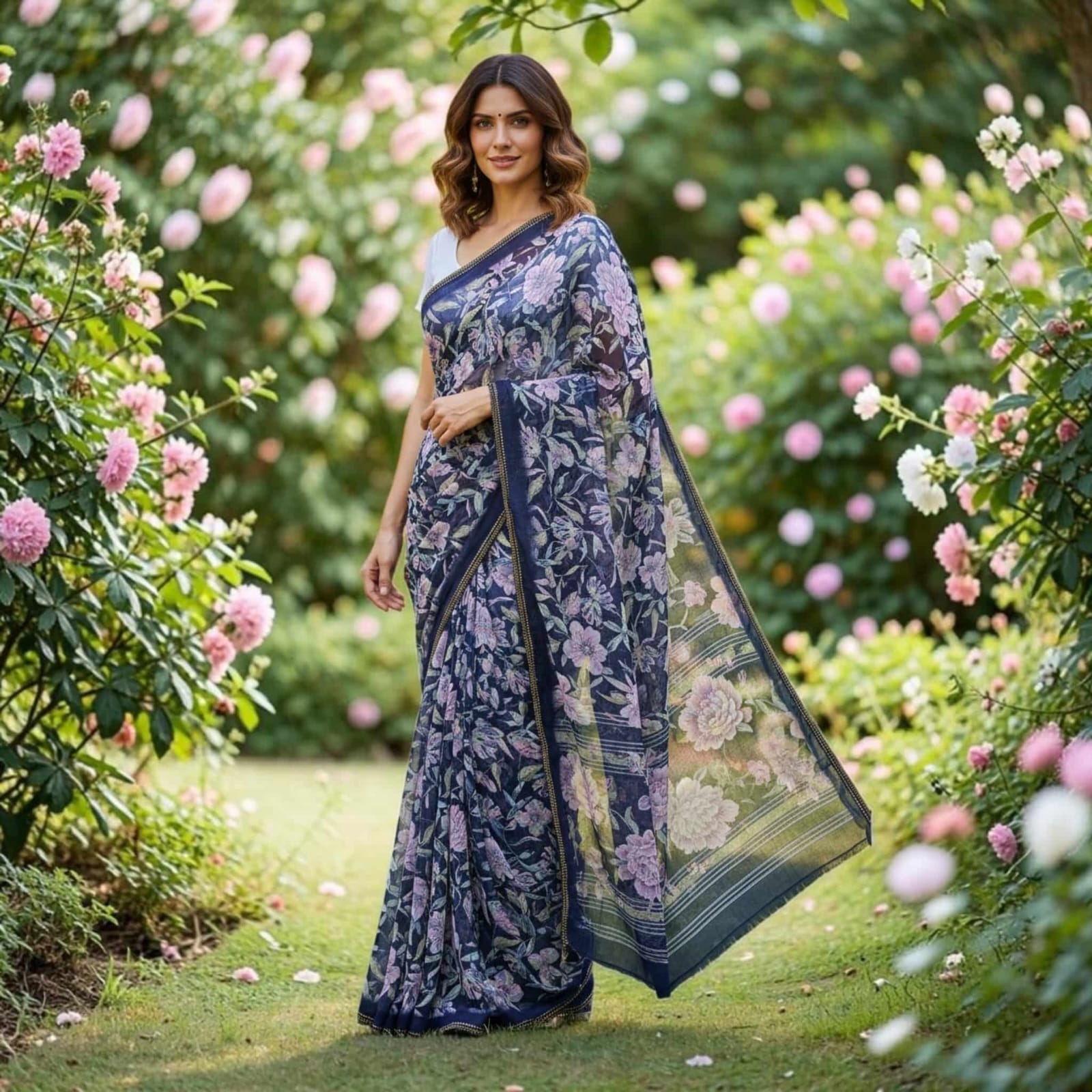 City Center chiffon saree in navy blue with pink floral print, worn by a woman in a lush garden setting.