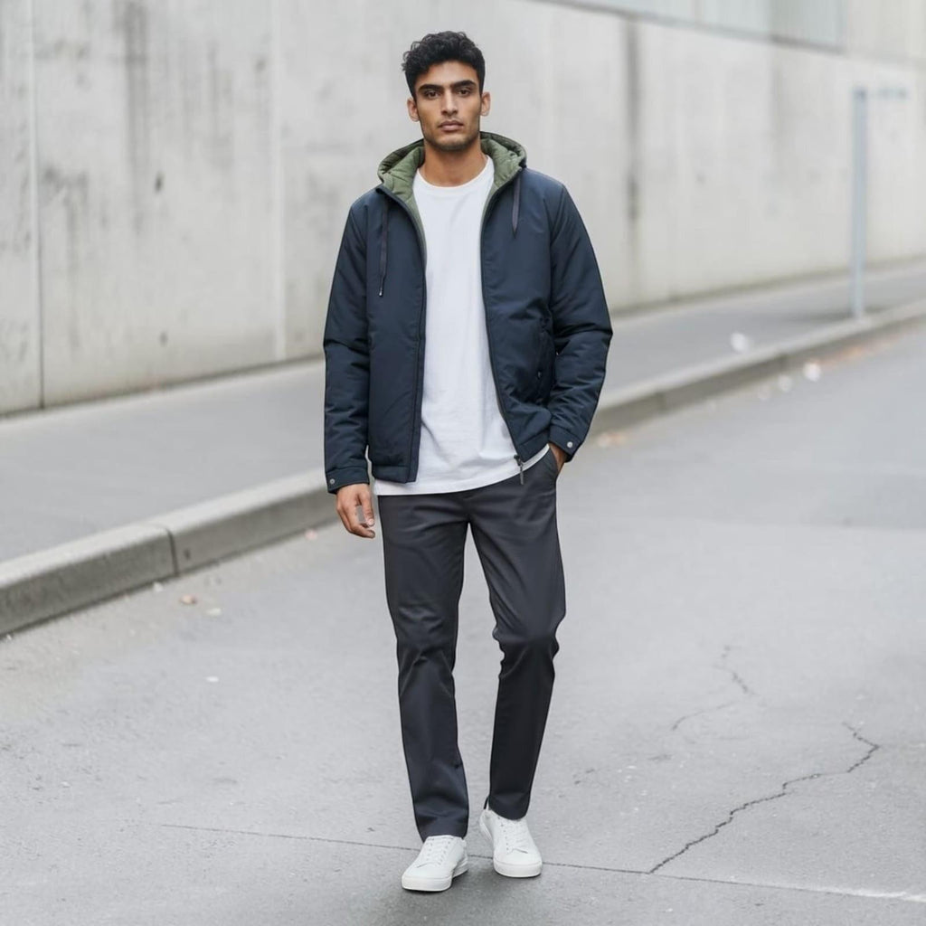 City Center men's navy lightweight hooded jacket with olive green lining worn by a model on a city street.